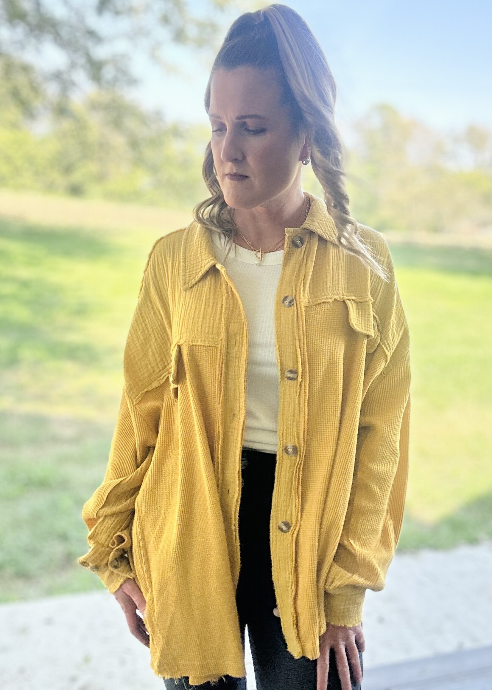 Mustard Baby Waffle Button Up