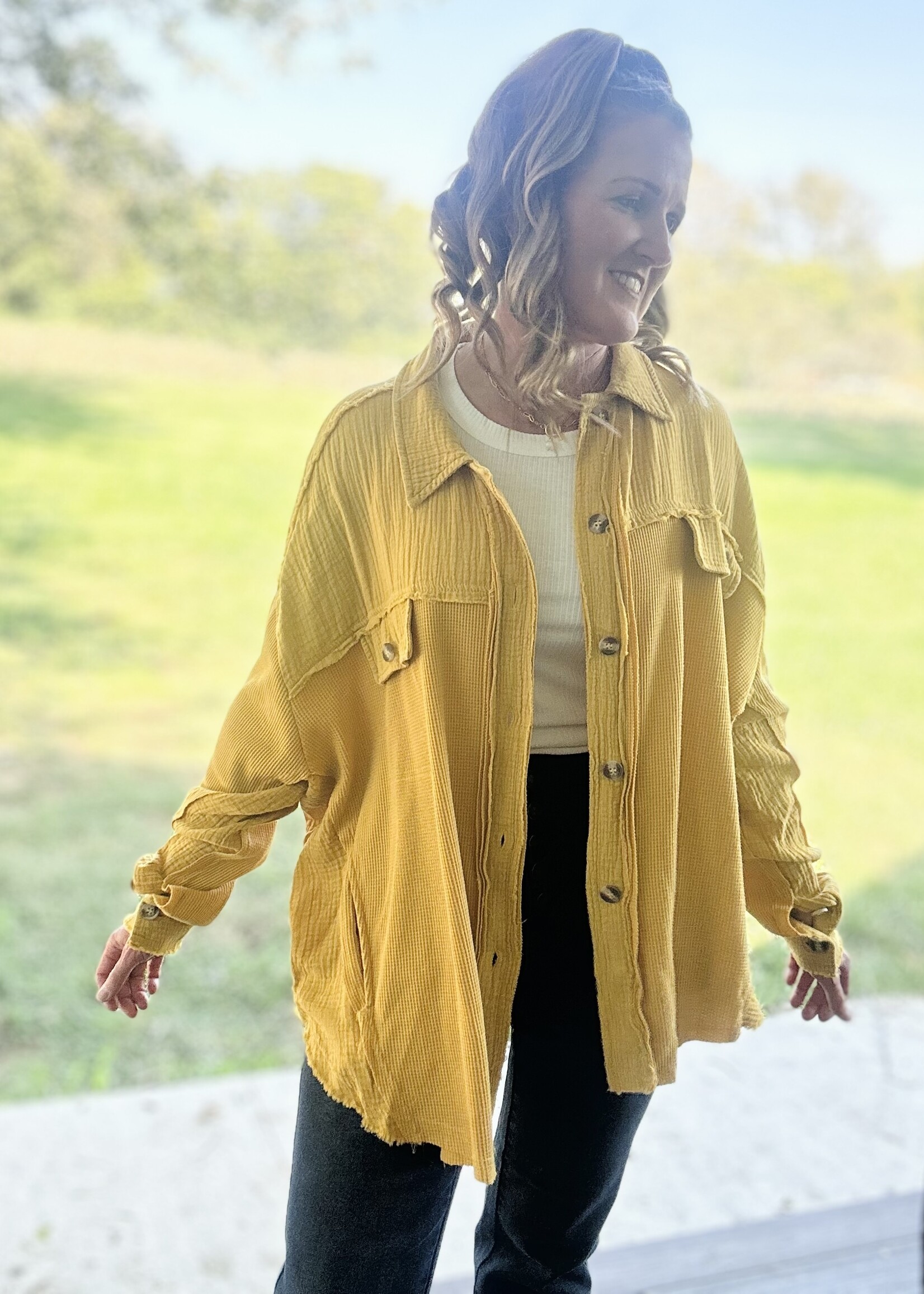 Mustard Baby Waffle Button Up
