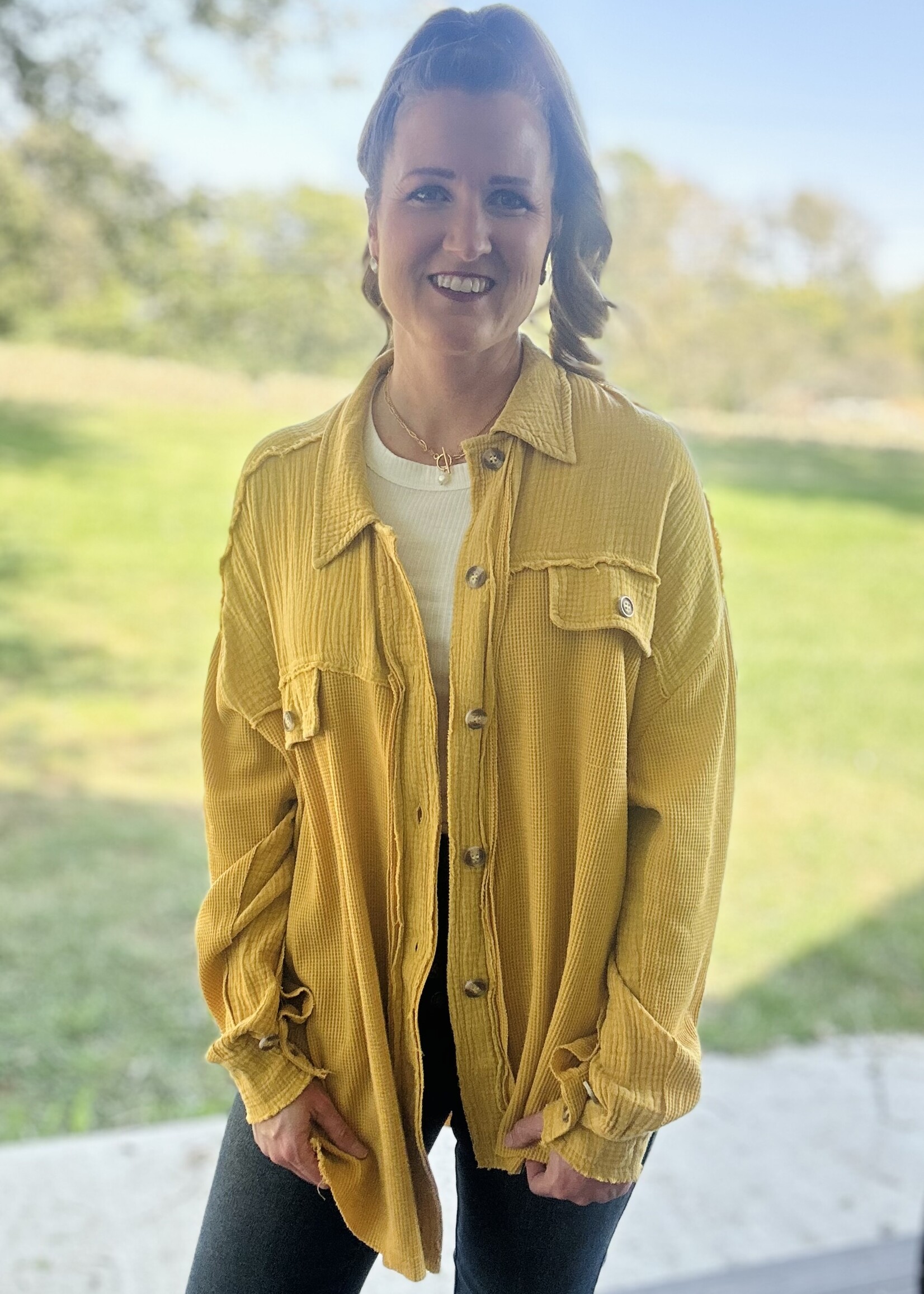 Mustard Baby Waffle Button Up