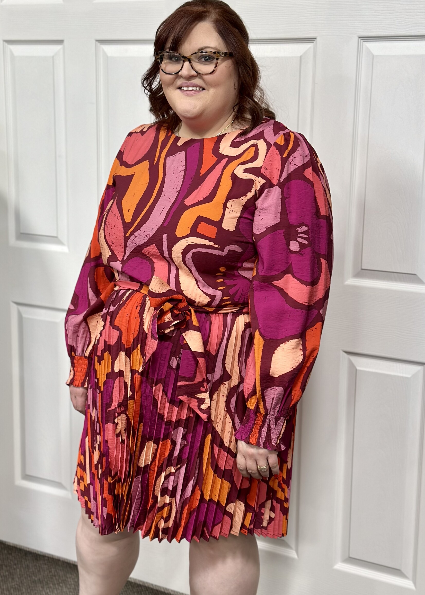 Magenta Geo Pleated Mini Dress