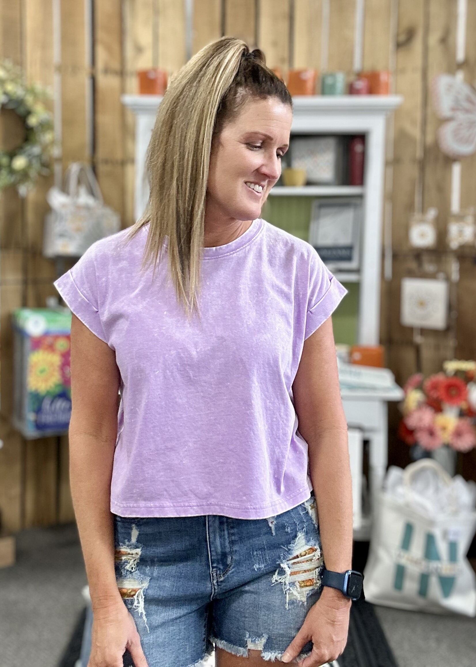 Zenana Not Your Basic Crop Tee in Pale Lavender