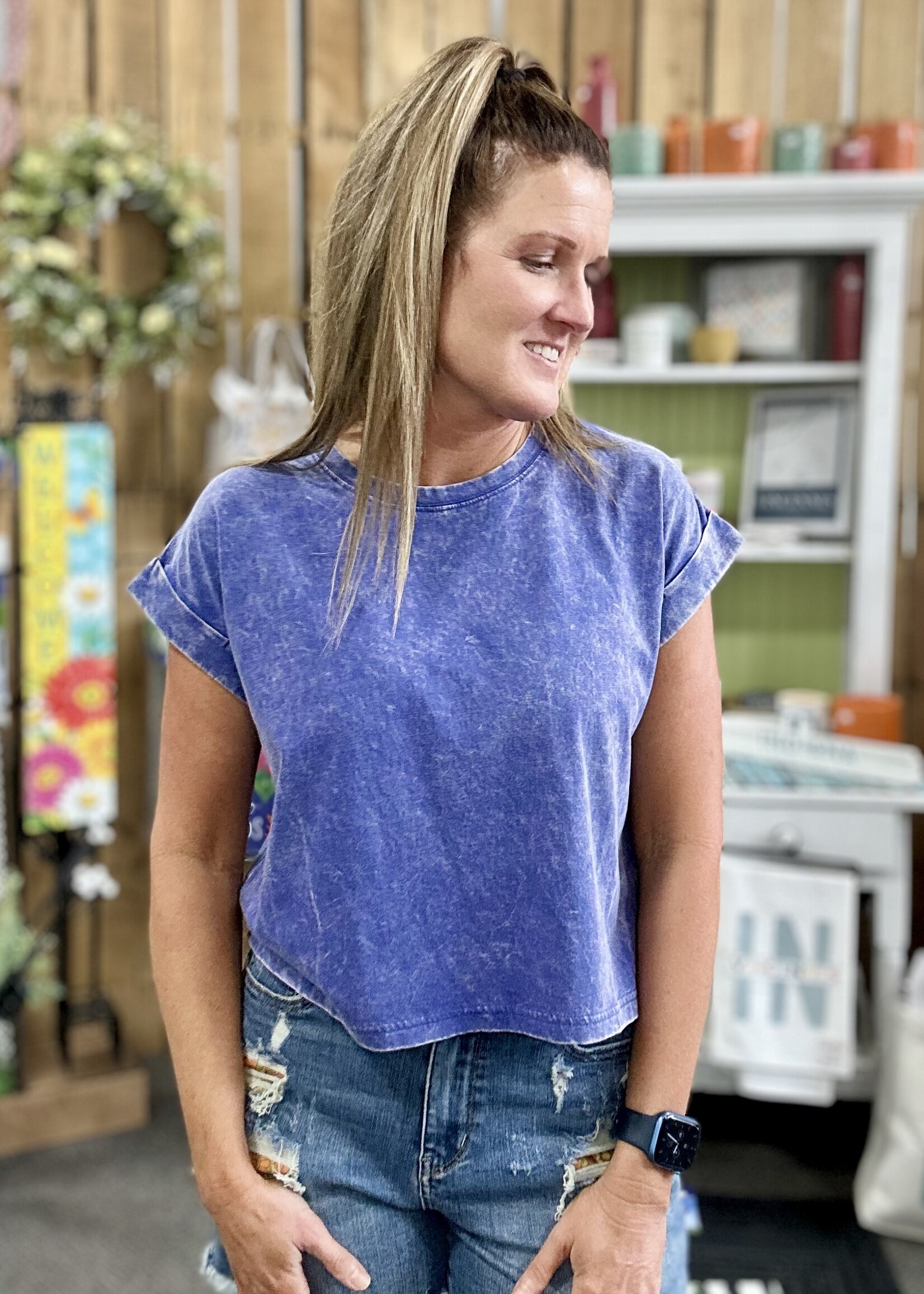Zenana Not Your Basic Crop Tee in Dark Blue