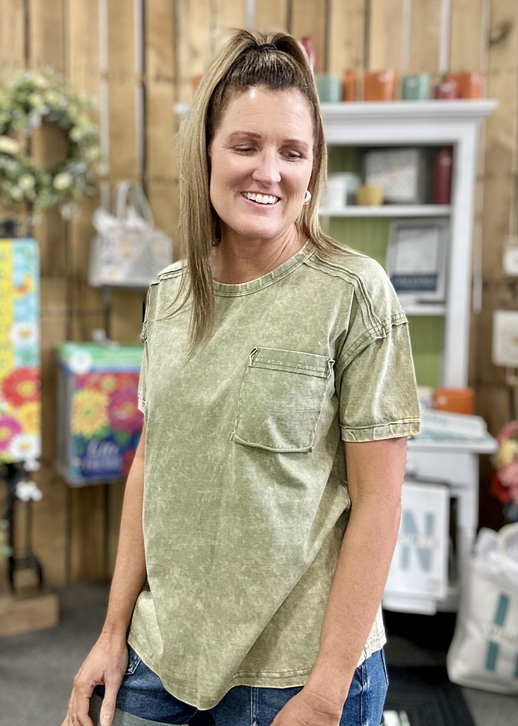 Zenana Long Weekend Top in Light Olive