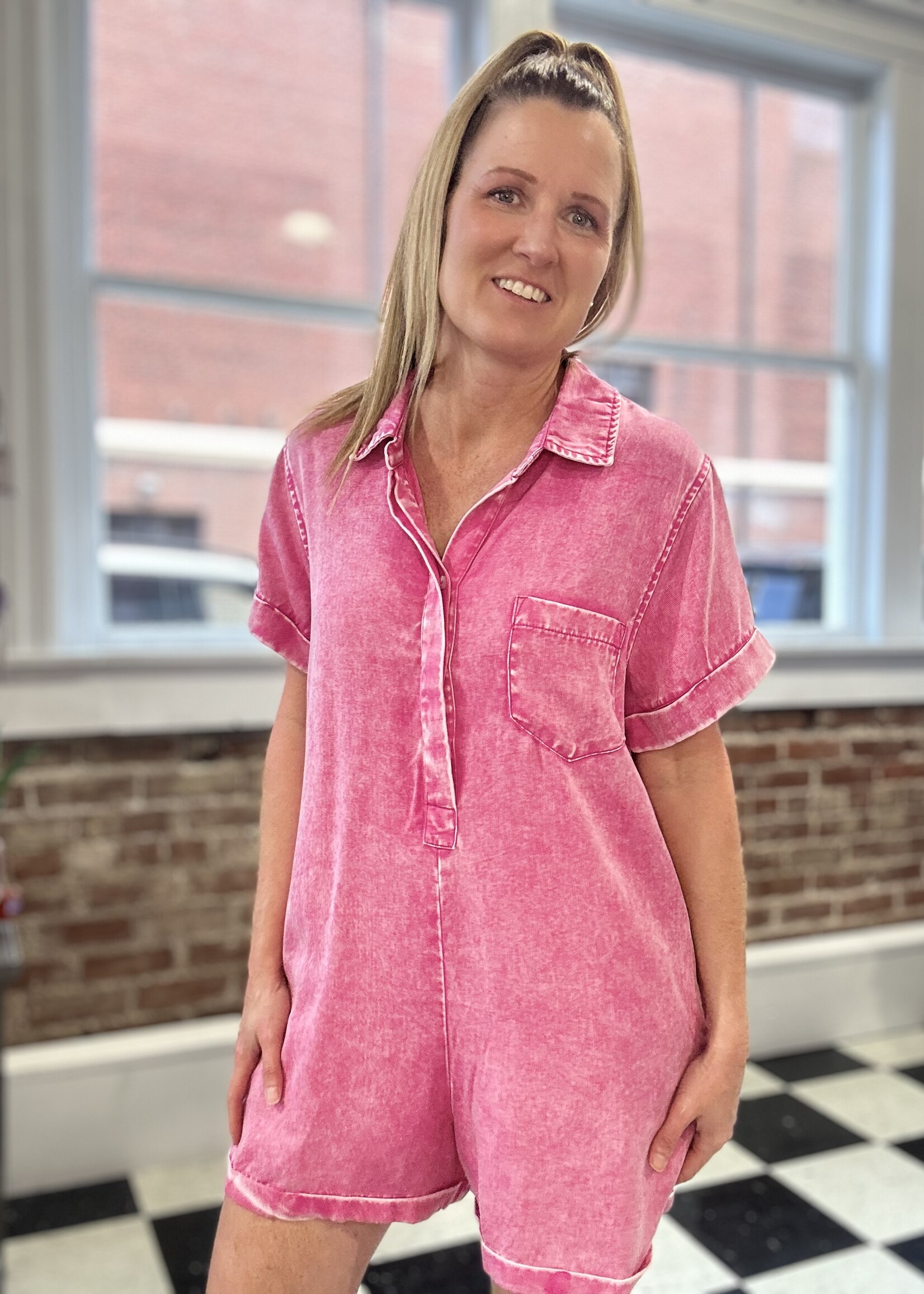 Zenana Classic Collared Romper in Hot Pink