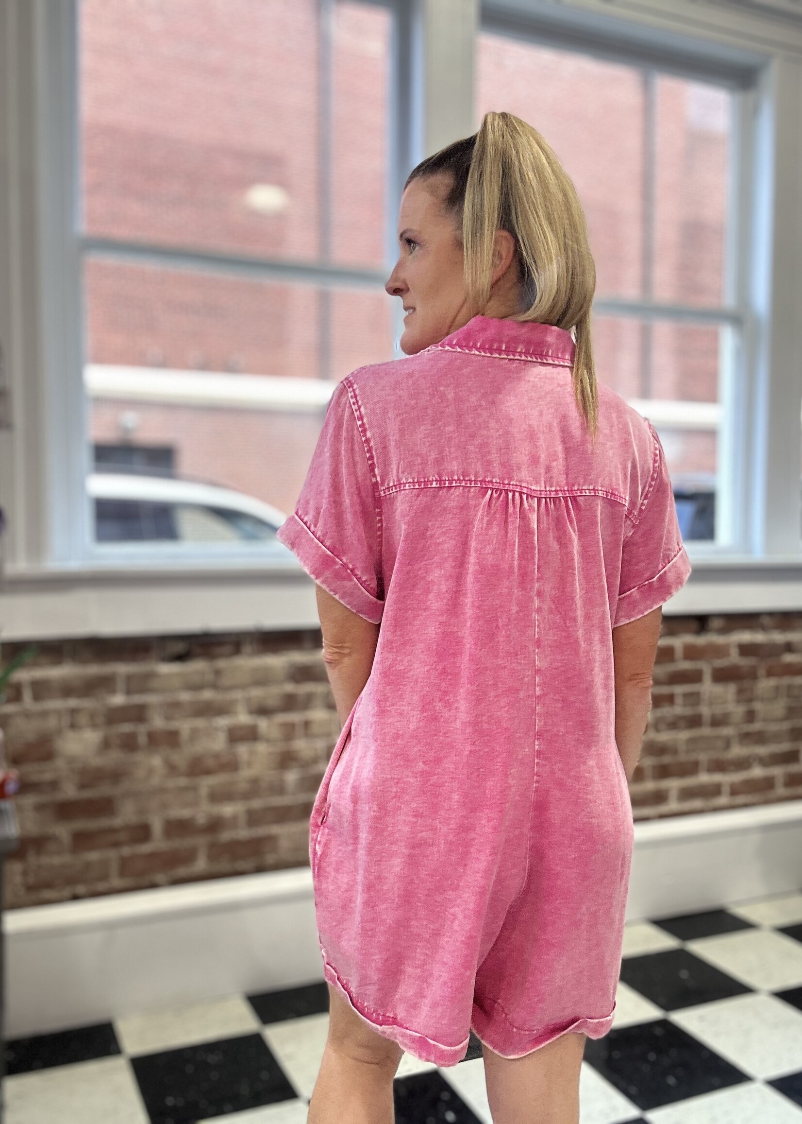 Zenana Classic Collared Romper in Hot Pink