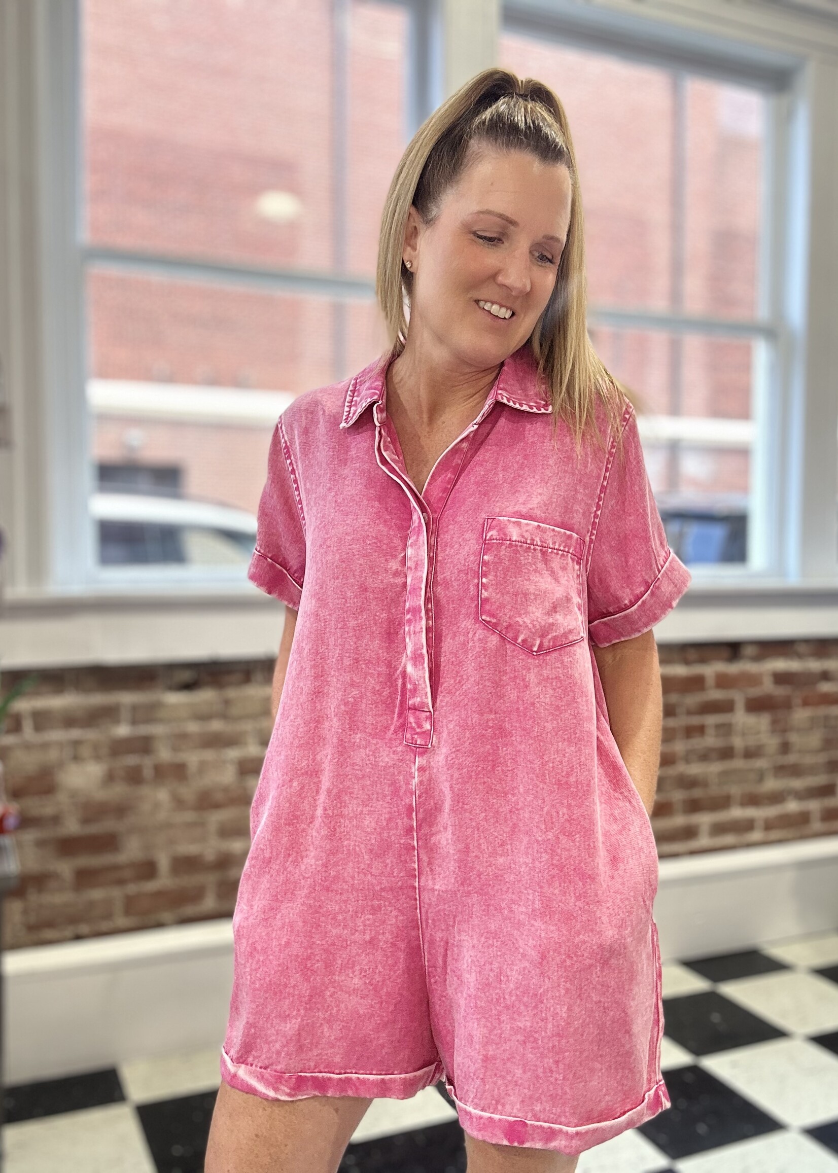 Zenana Classic Collared Romper in Hot Pink