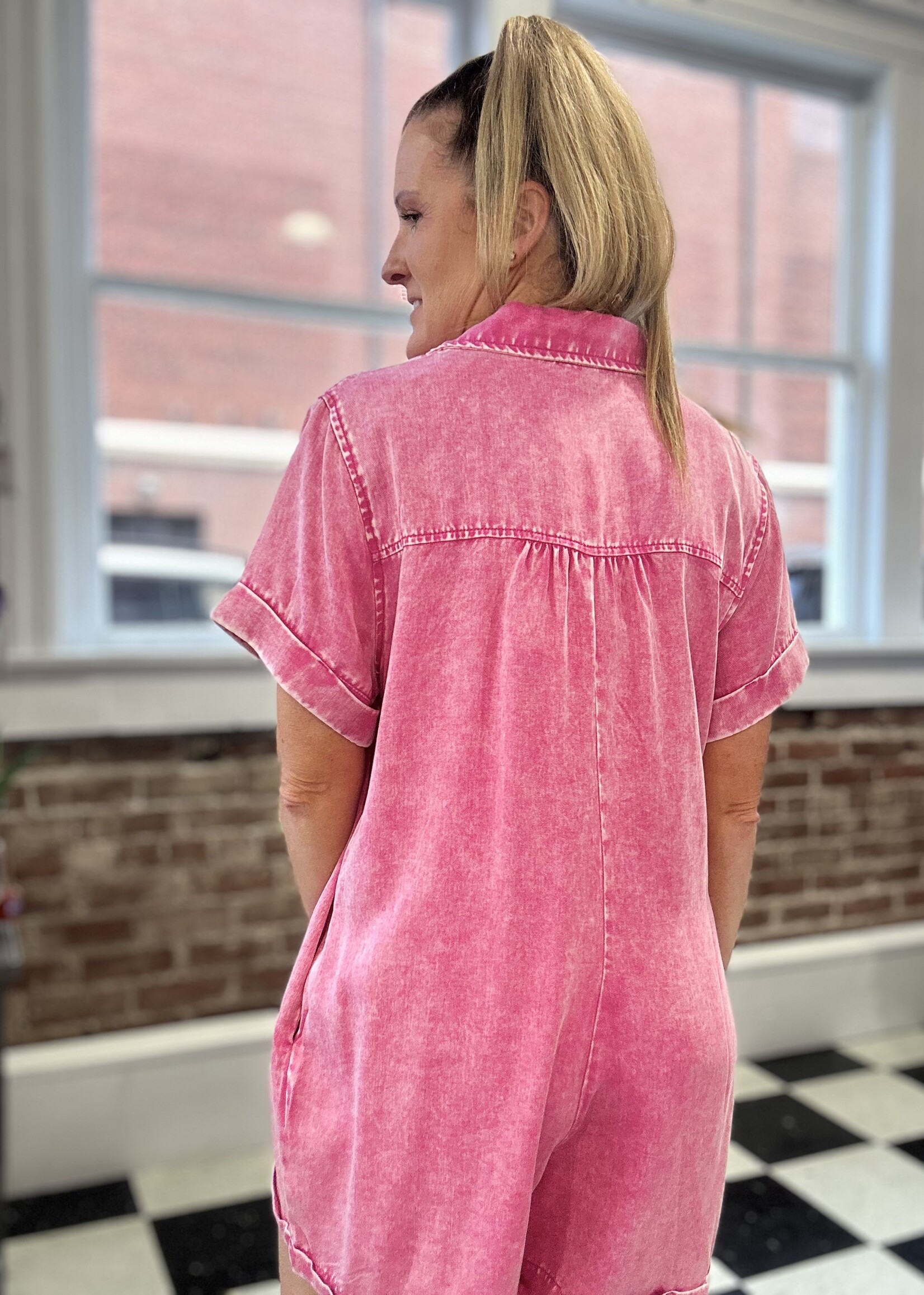 Zenana Classic Collared Romper in Hot Pink