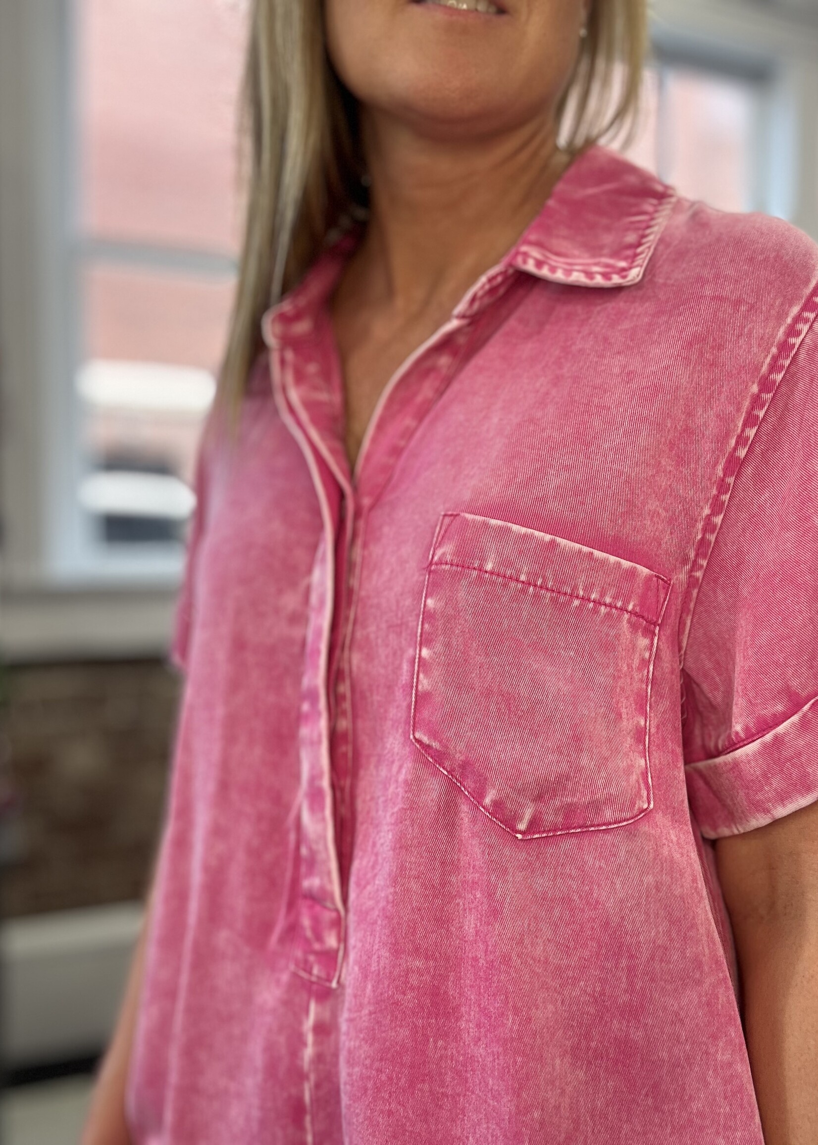 Zenana Classic Collared Romper in Hot Pink