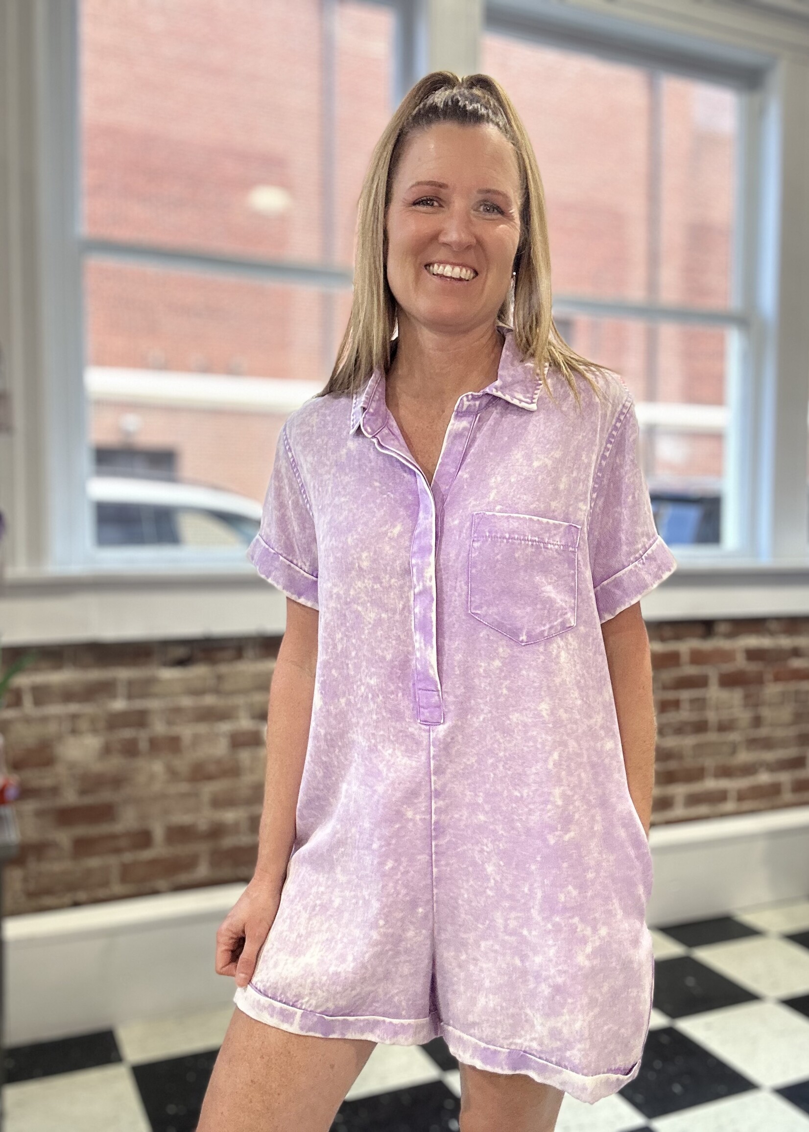 Zenana Classic Collared Romper in Lavender