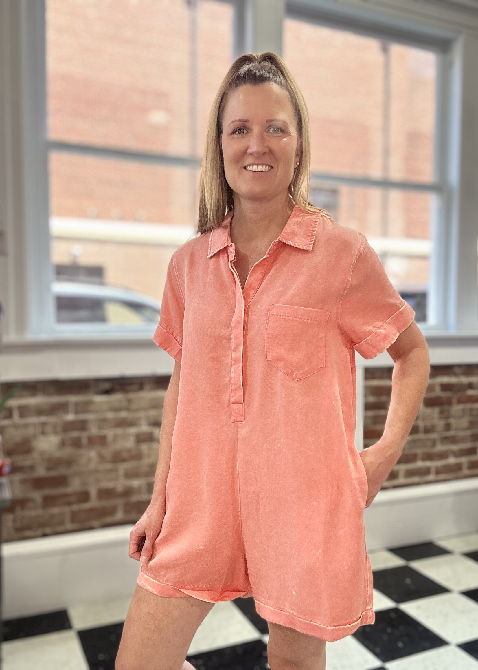 Zenana Classic Collared Romper in Coral