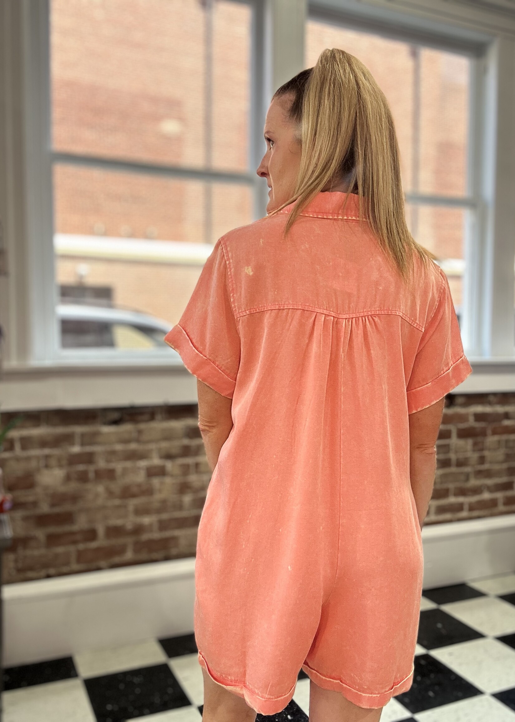 Zenana Classic Collared Romper in Coral