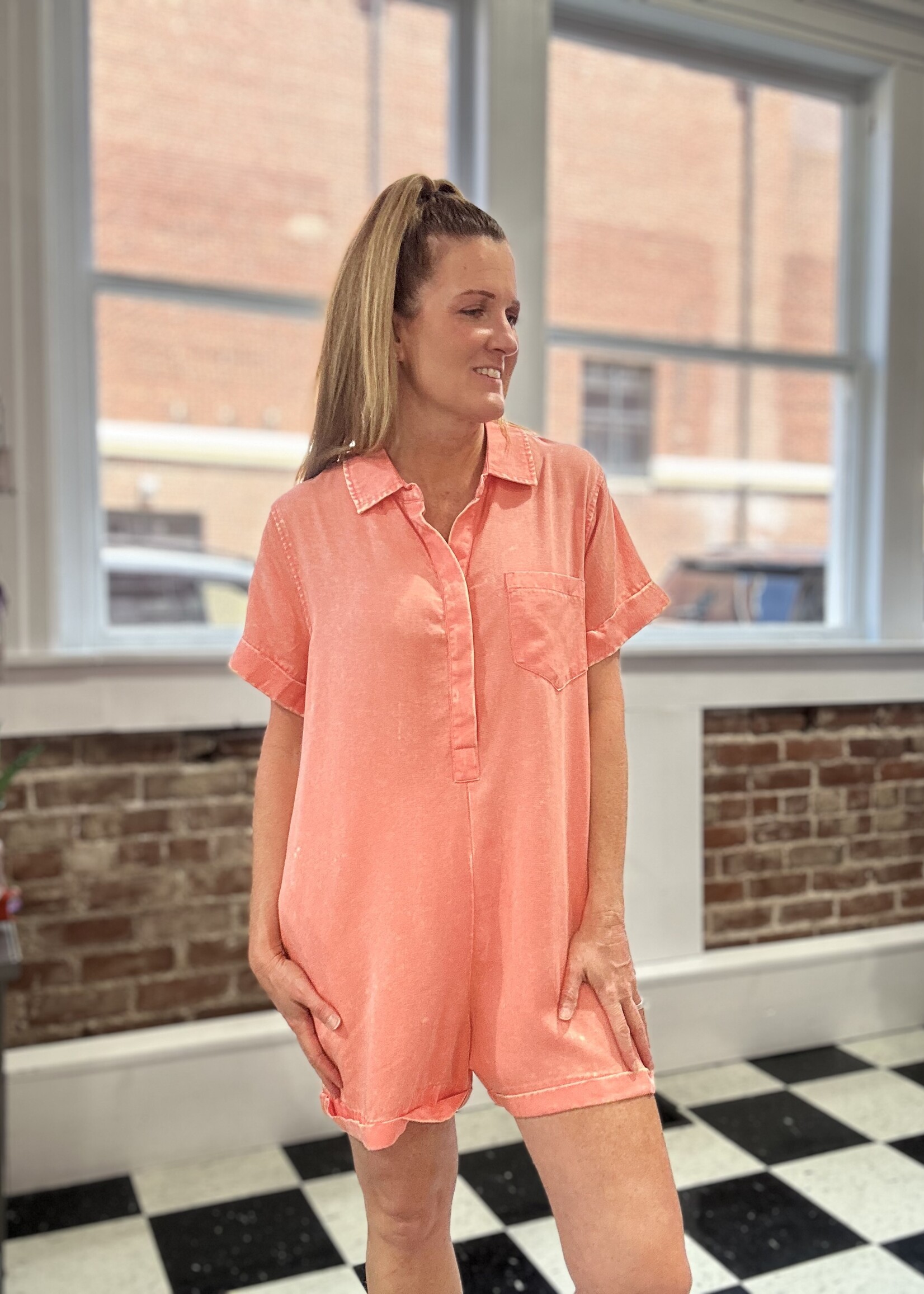 Zenana Classic Collared Romper in Coral