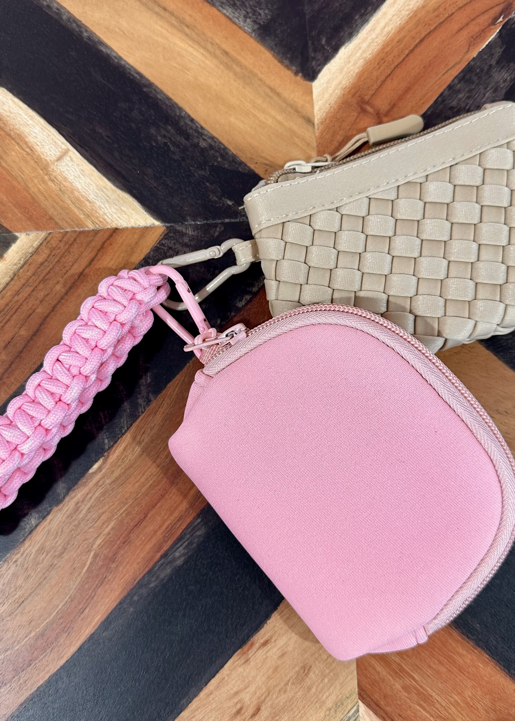 Pink/Tan 2 Pouch Braided Wristlet