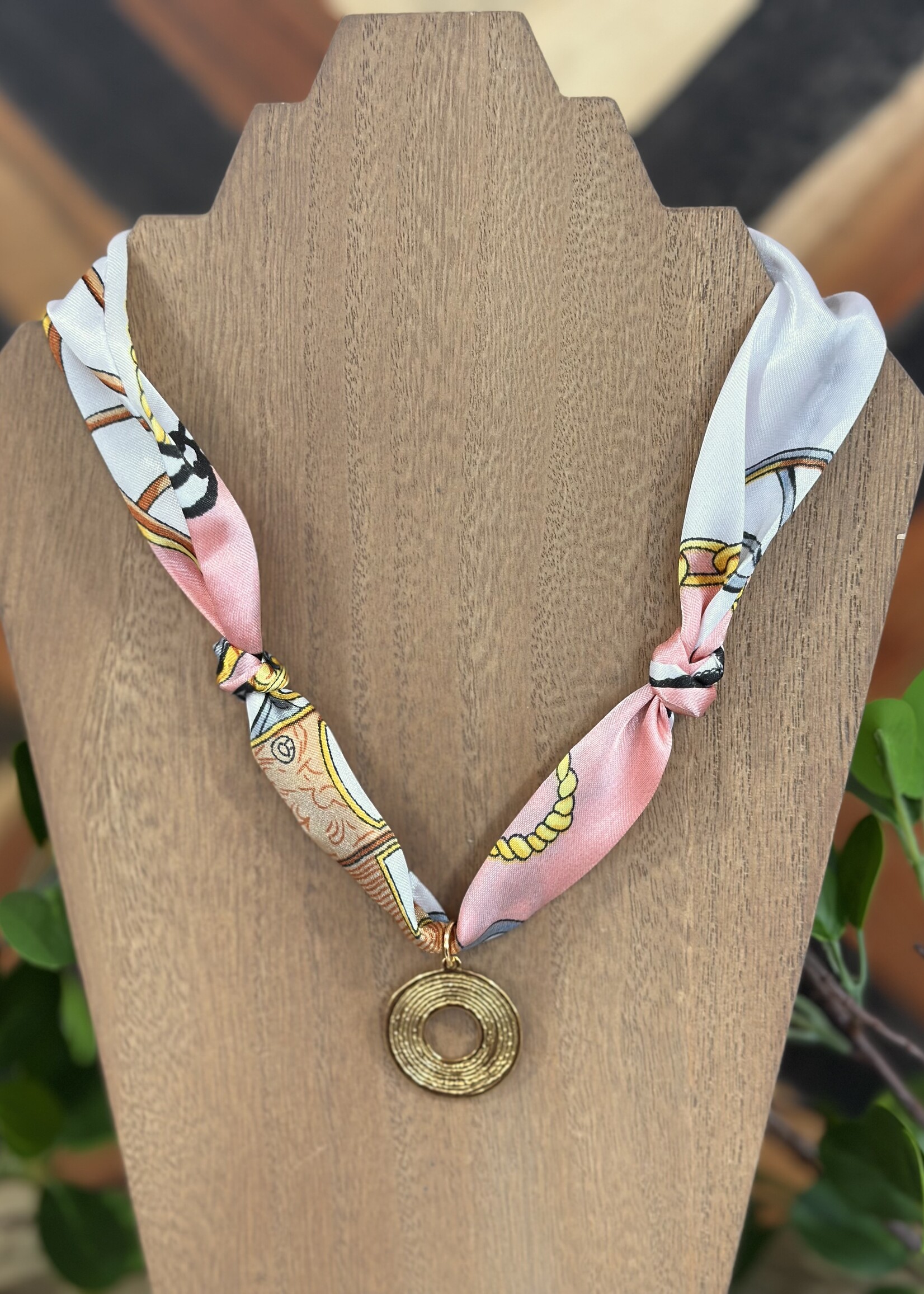Pink Silk Scarf Circle Pendant Necklace