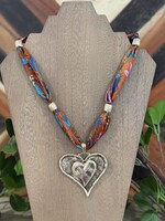 Rust Silk Scarf Double Heart Pendant Necklace