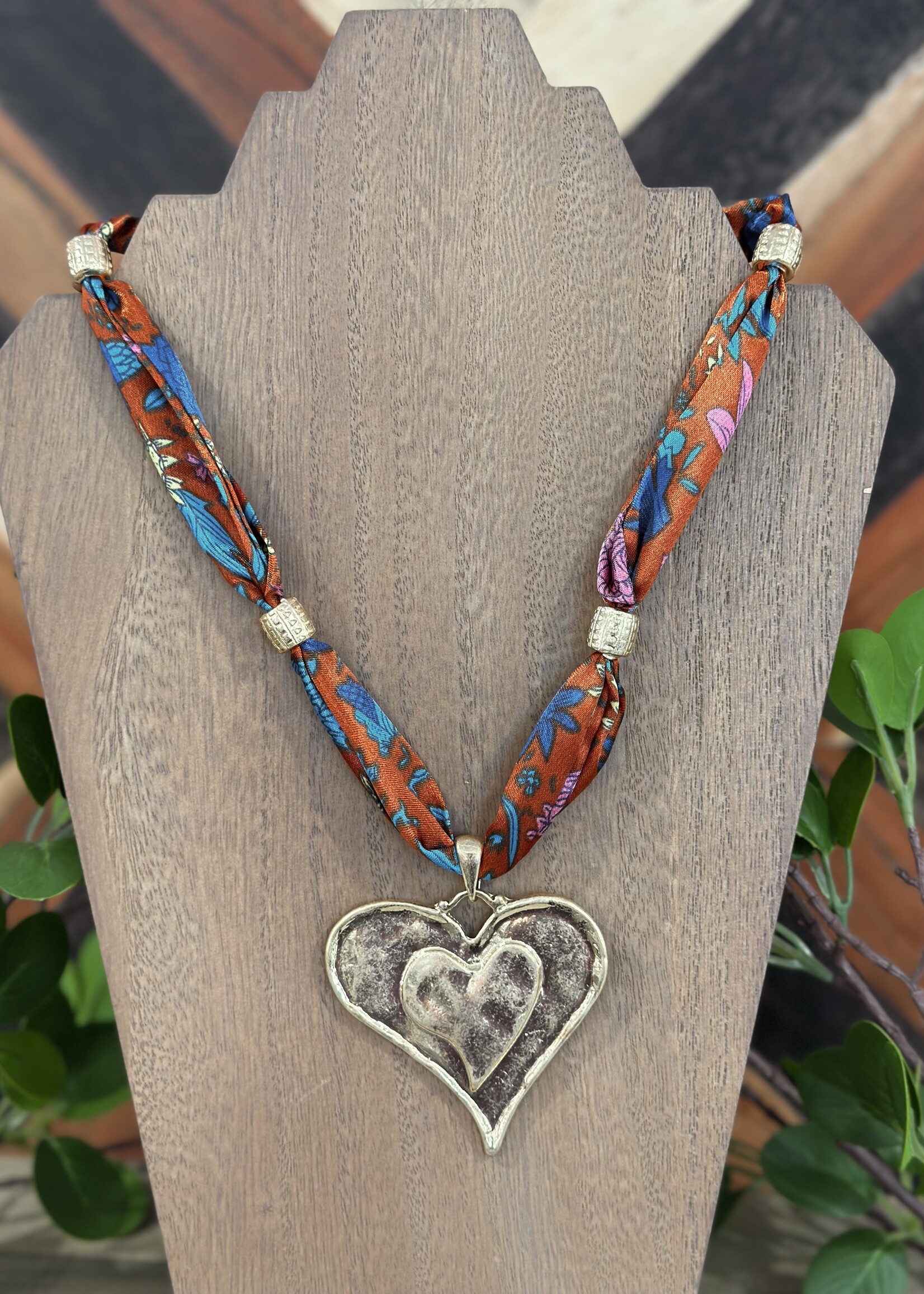 Rust Silk Scarf Double Heart Pendant Necklace