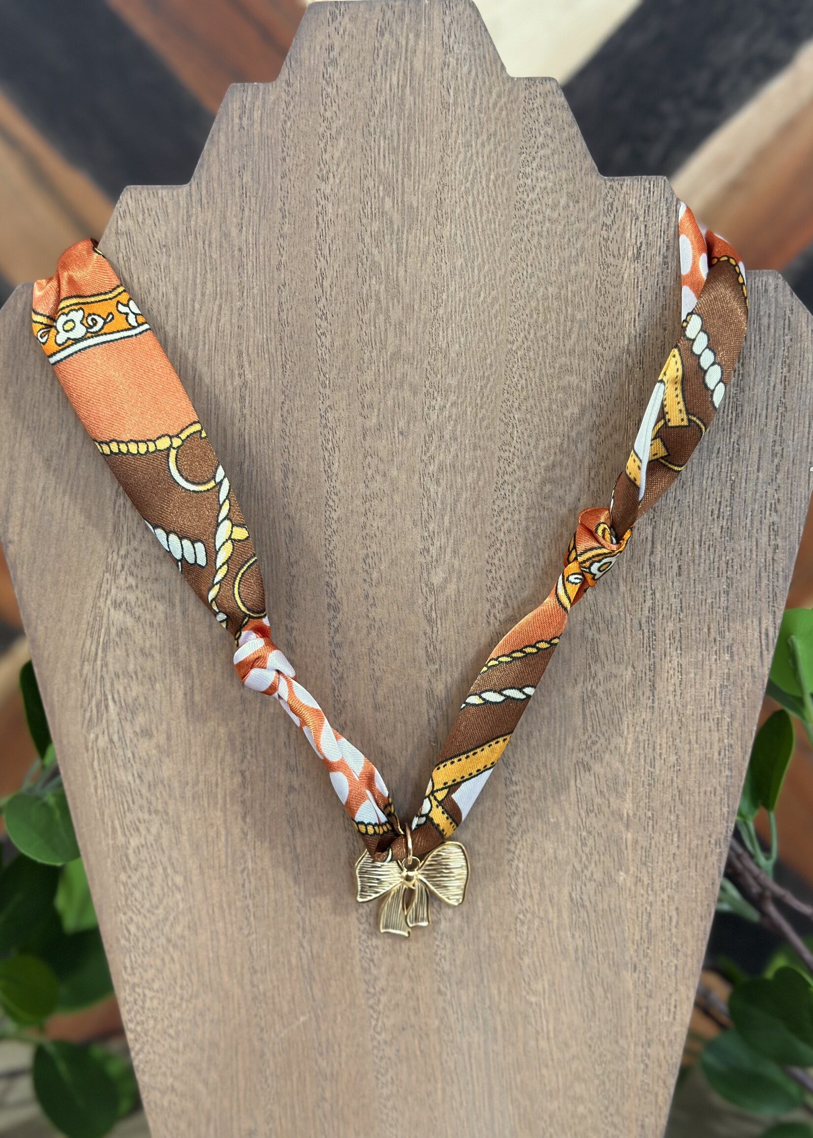 Orange Silk Scarf Bow Pendant Necklace