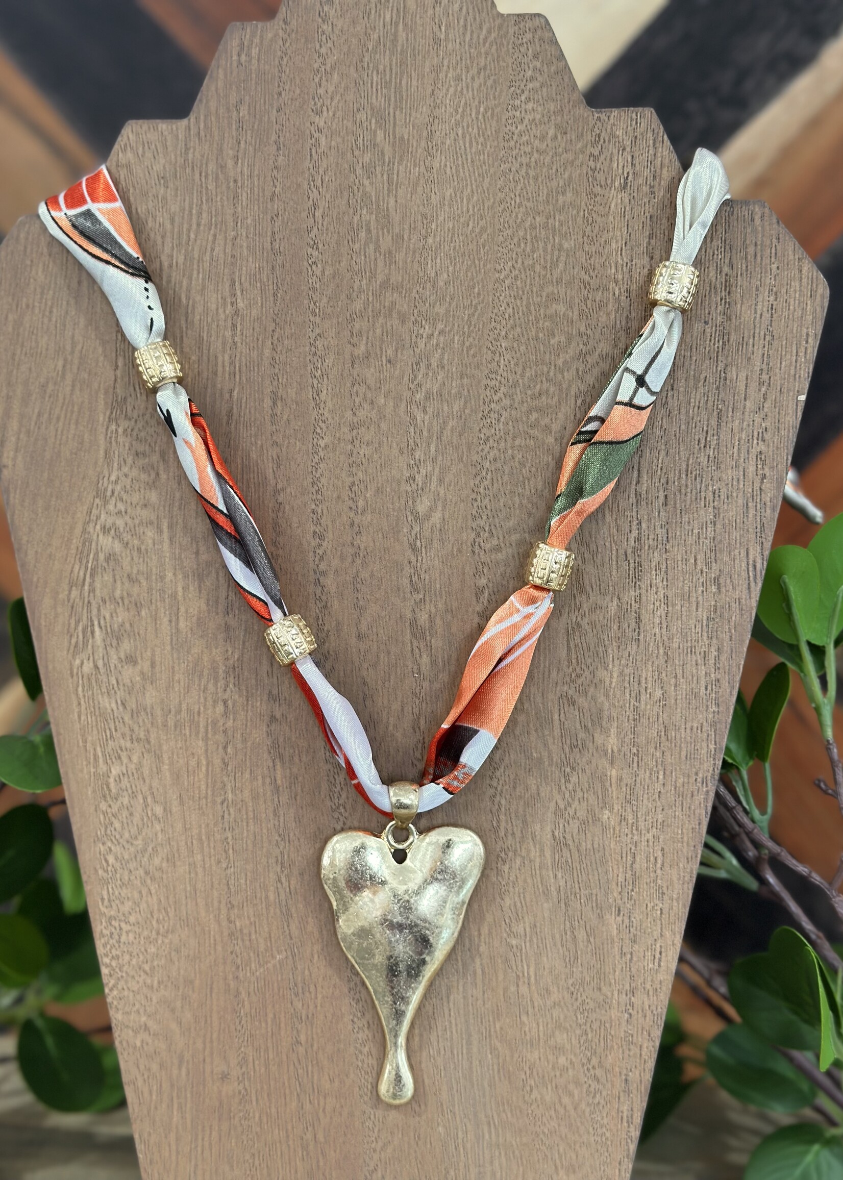 Cream Silk Scarf Heart Pendant Necklace