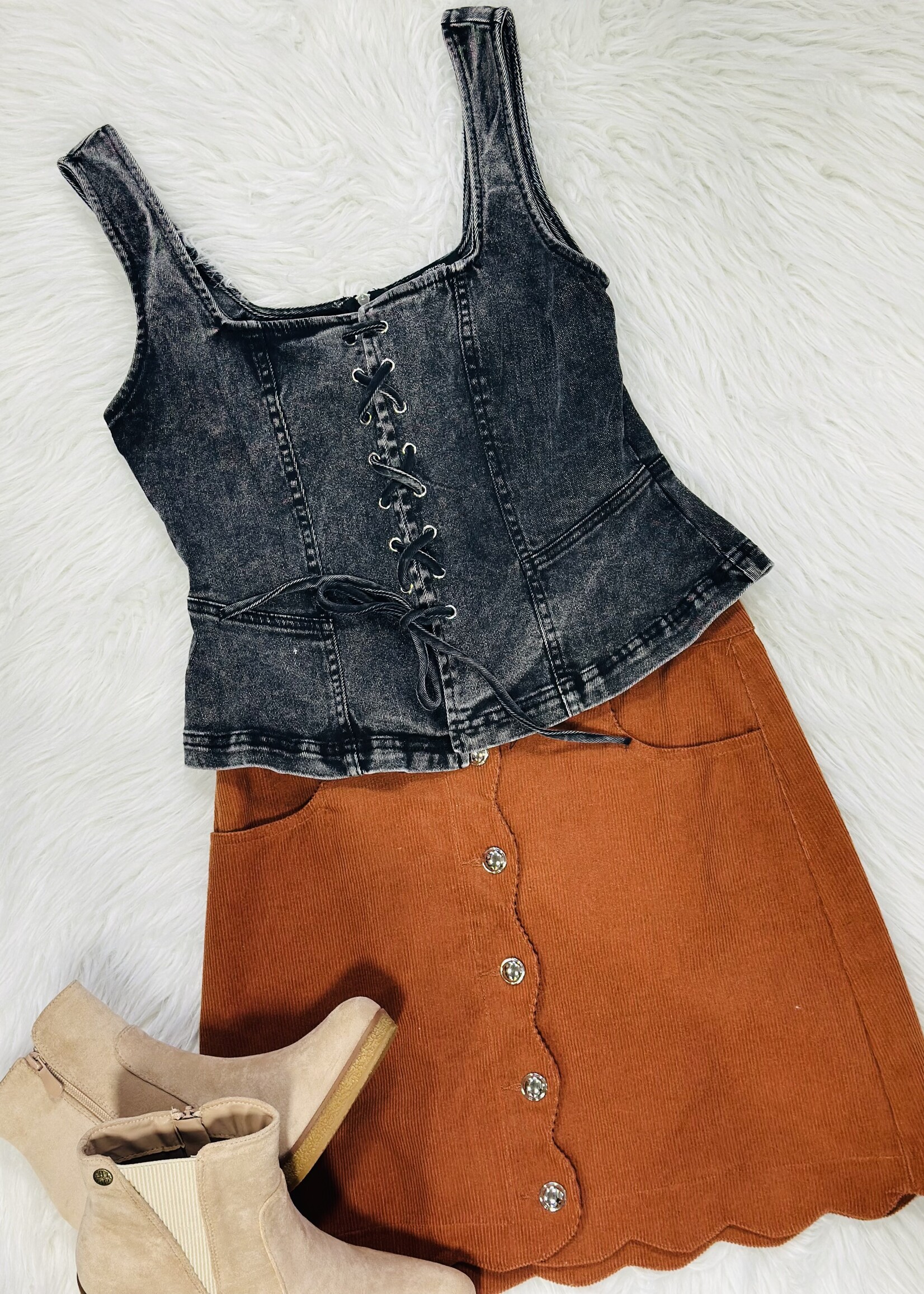 Lace Up Front Black Denim Top