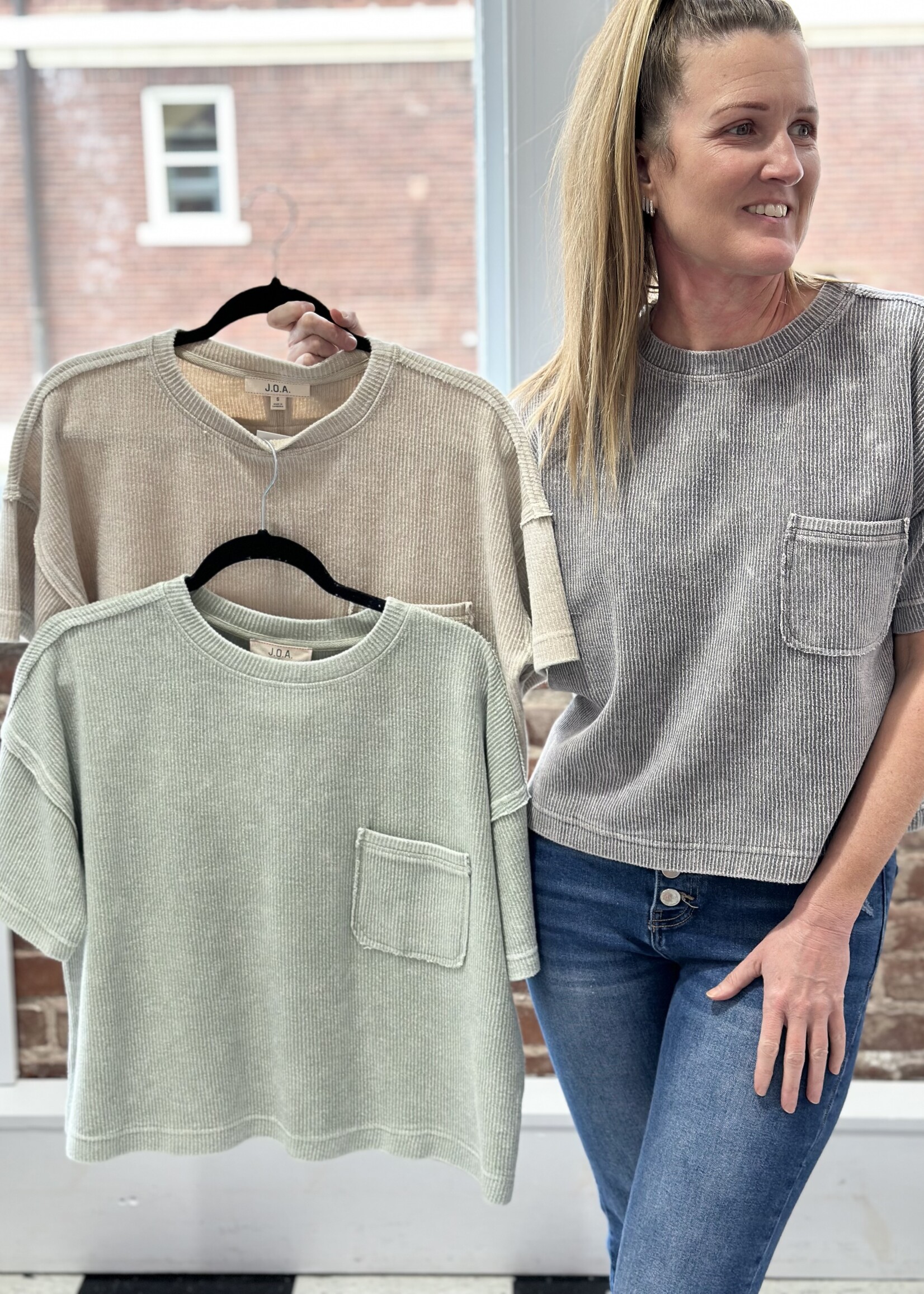 Blu Pepper Washed Olive Ribbed Short Sleeve Top