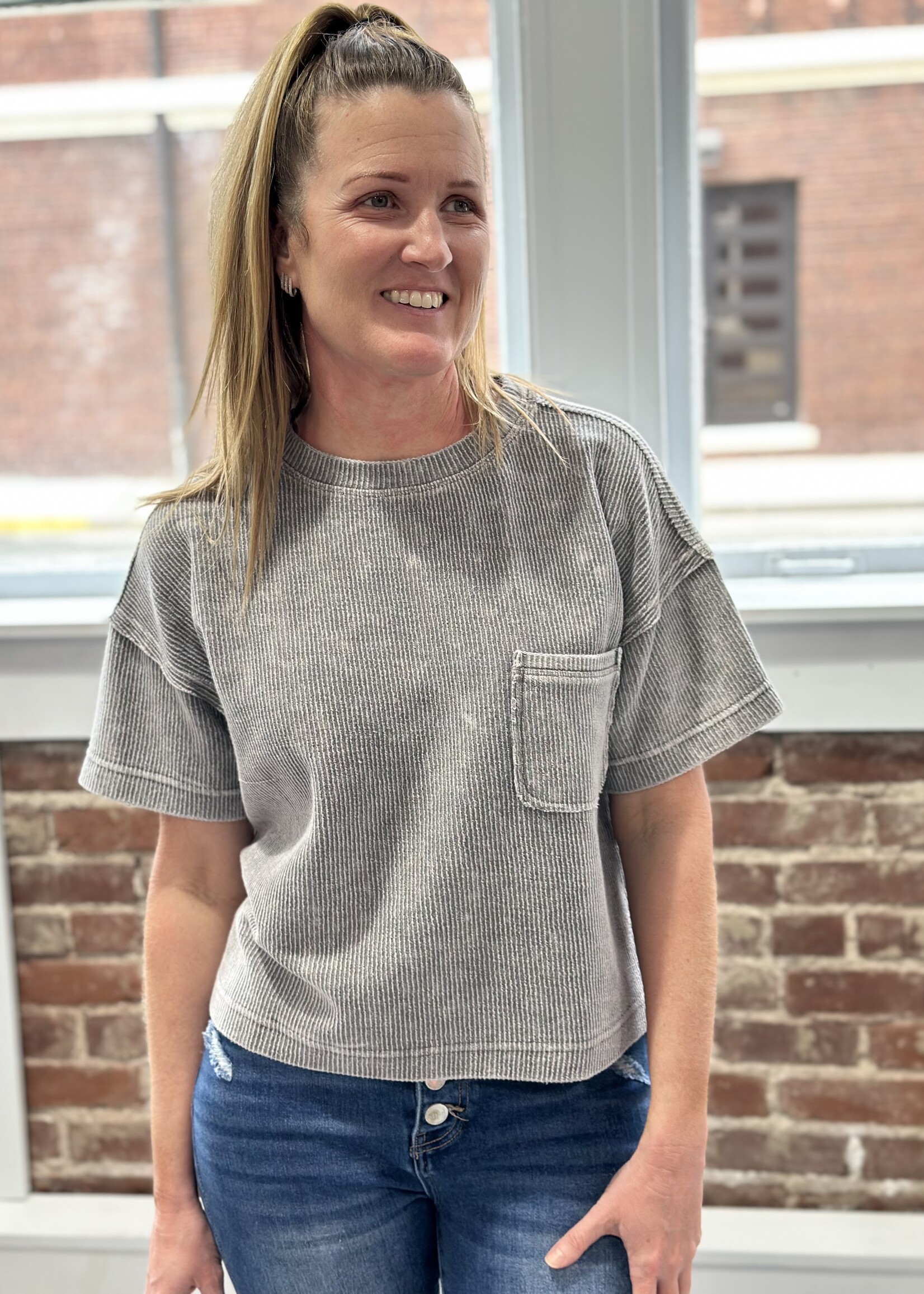 Blu Pepper Washed Olive Ribbed Short Sleeve Top