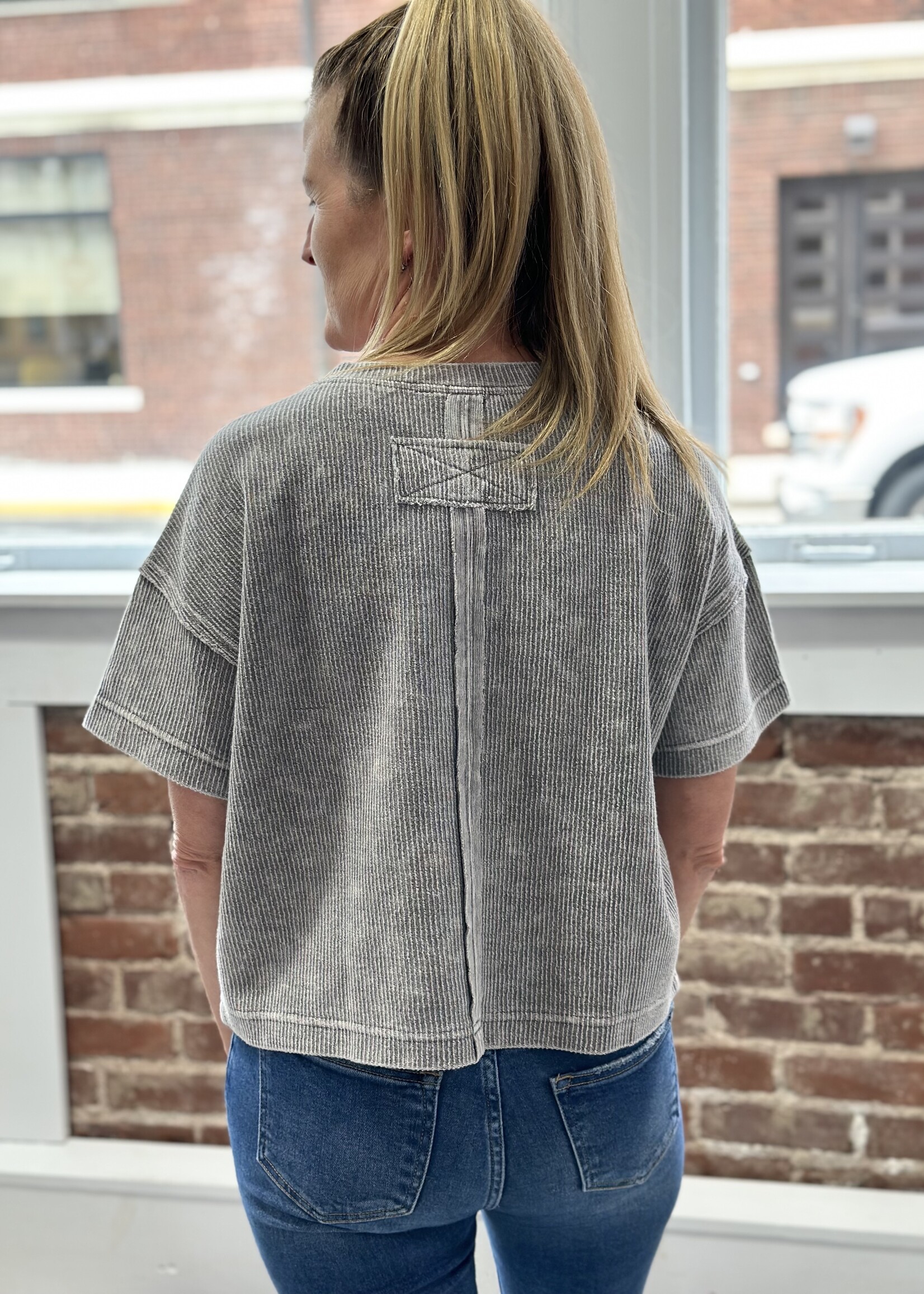 Blu Pepper Washed Olive Ribbed Short Sleeve Top