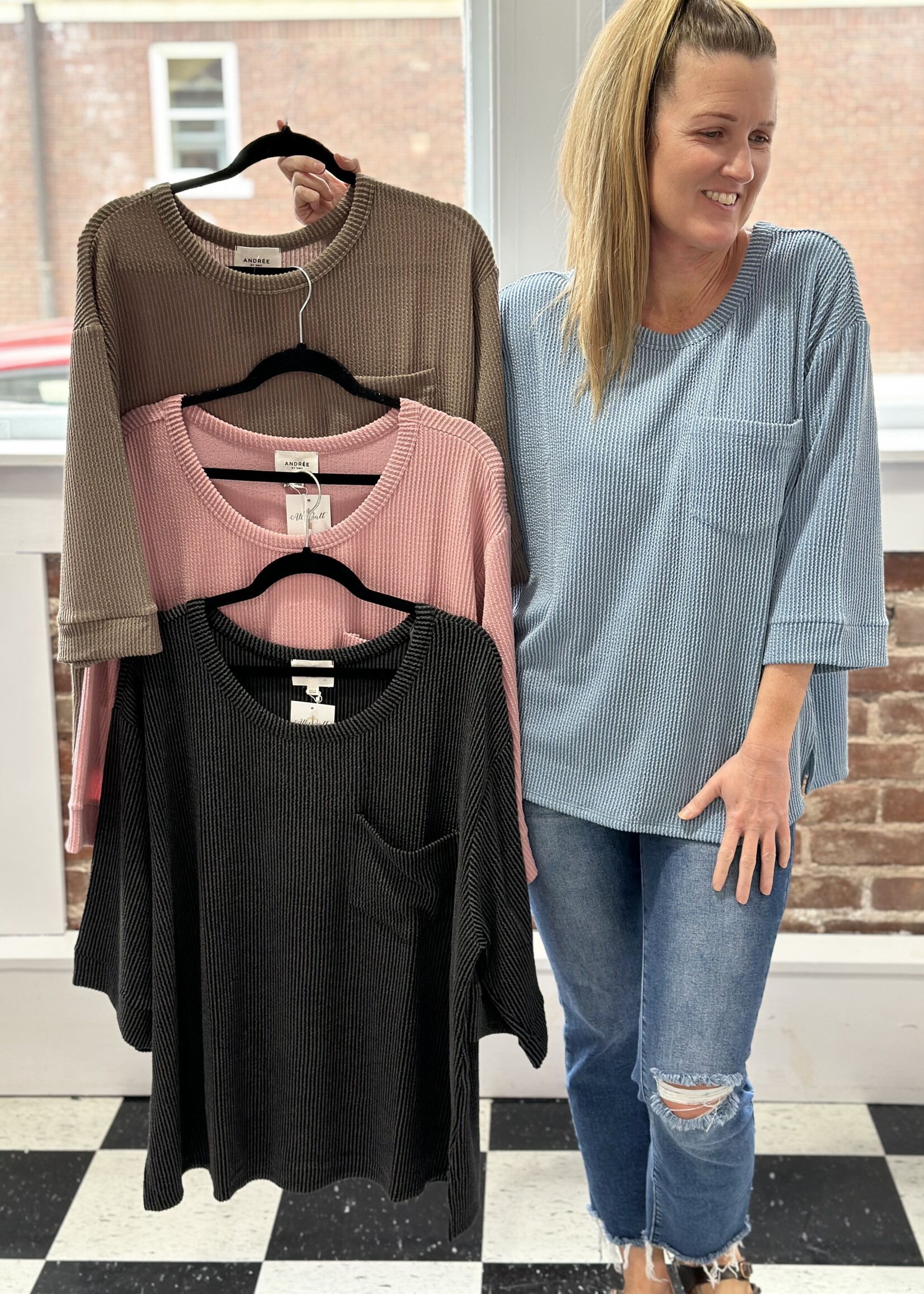 Andre by Unit Dusty Mauve Ribbed 3/4 Sleeve Top