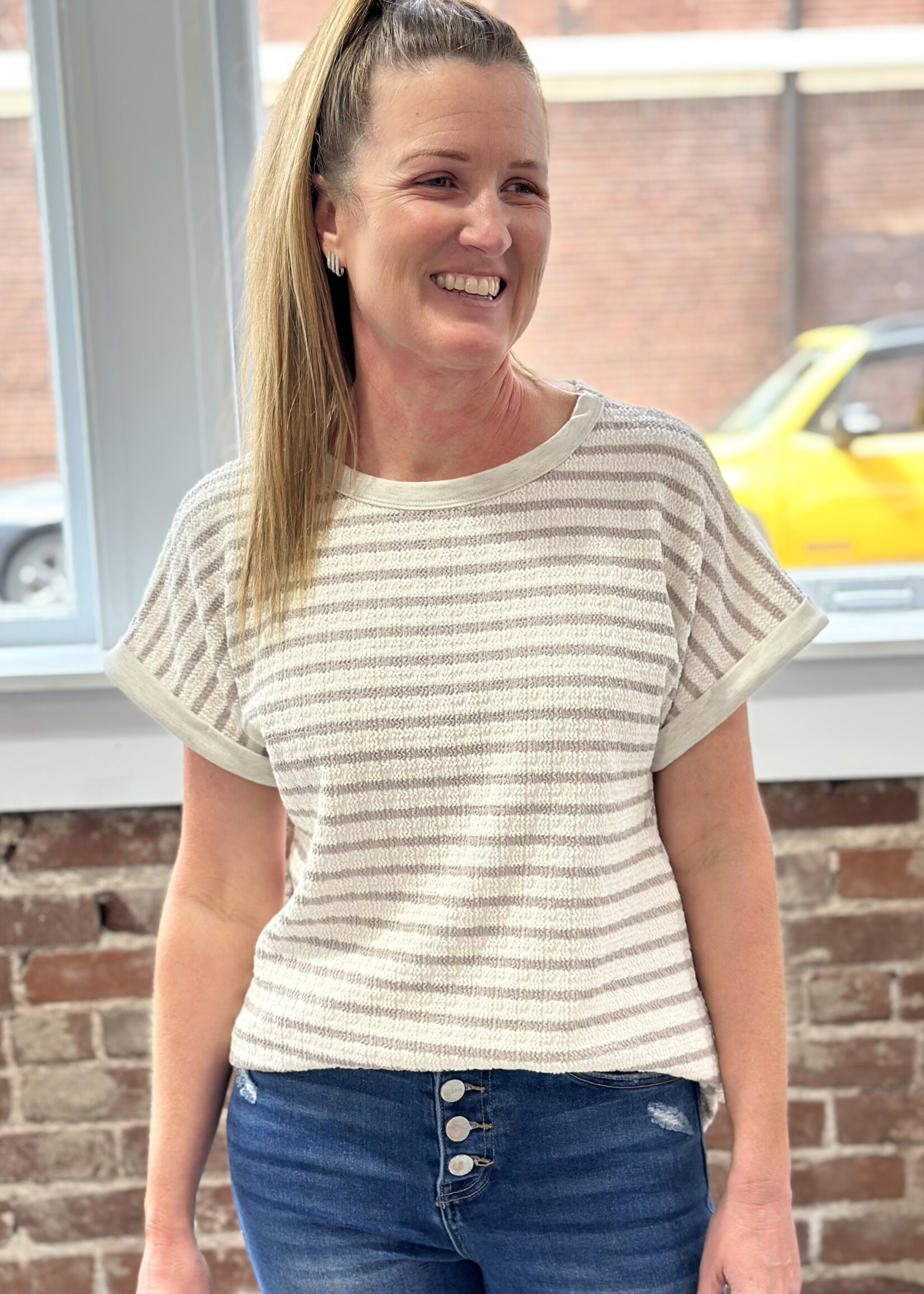 Heimish Hanging Out Top in Taupe Stripe