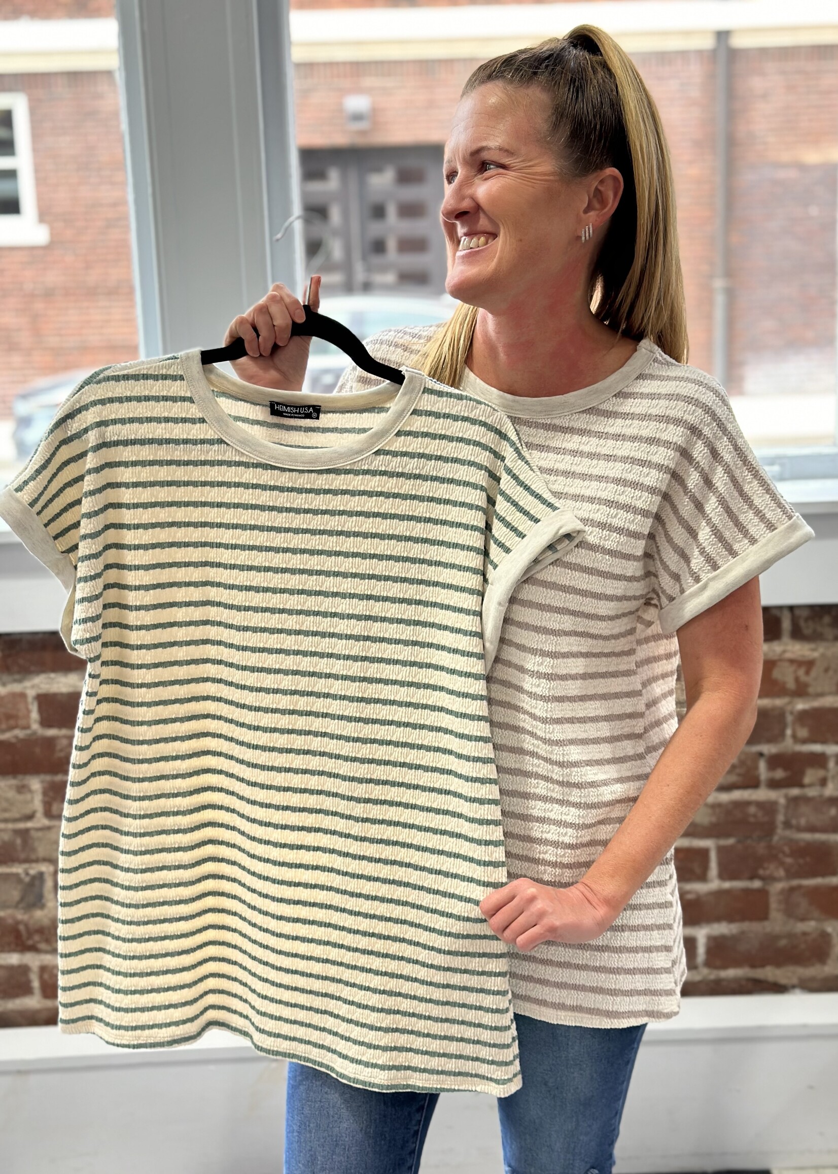 Heimish Hanging Out Top in Taupe Stripe