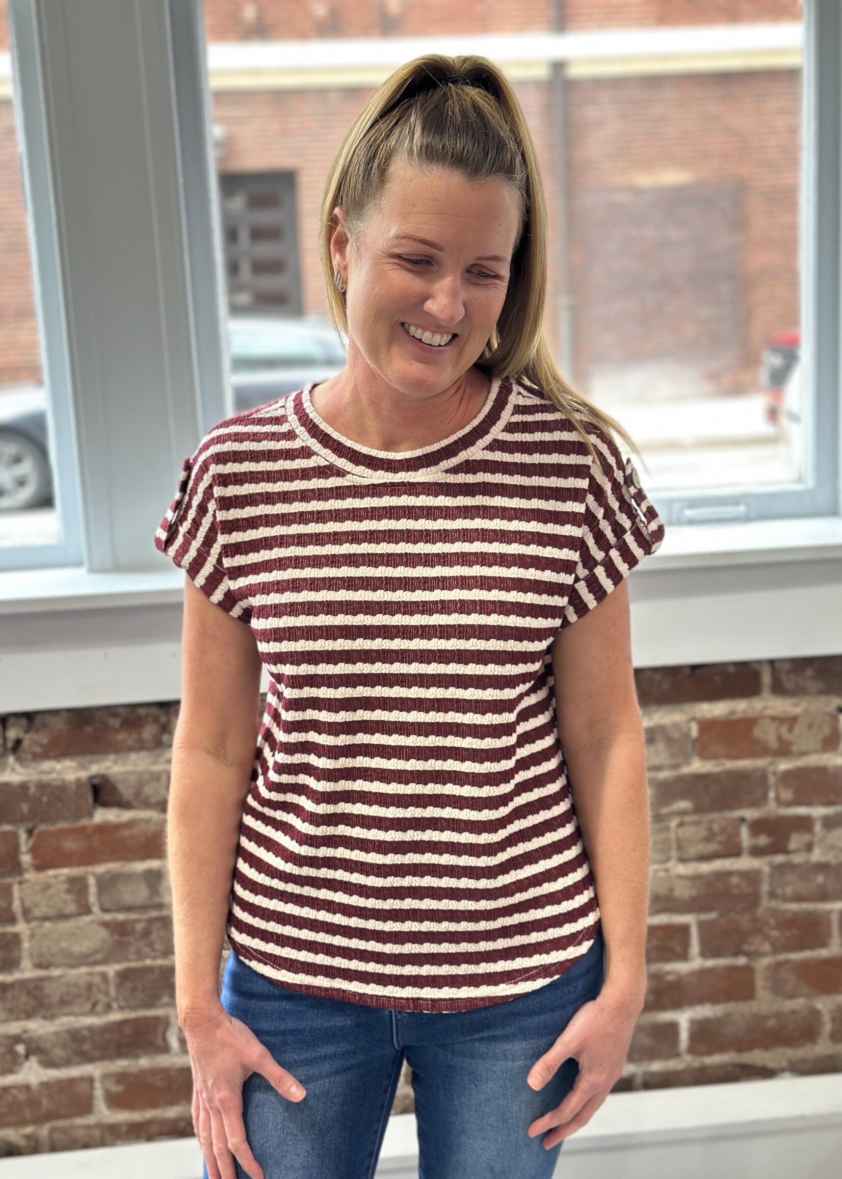 Blu Pepper Burgundy Striped Tab Sleeve Top