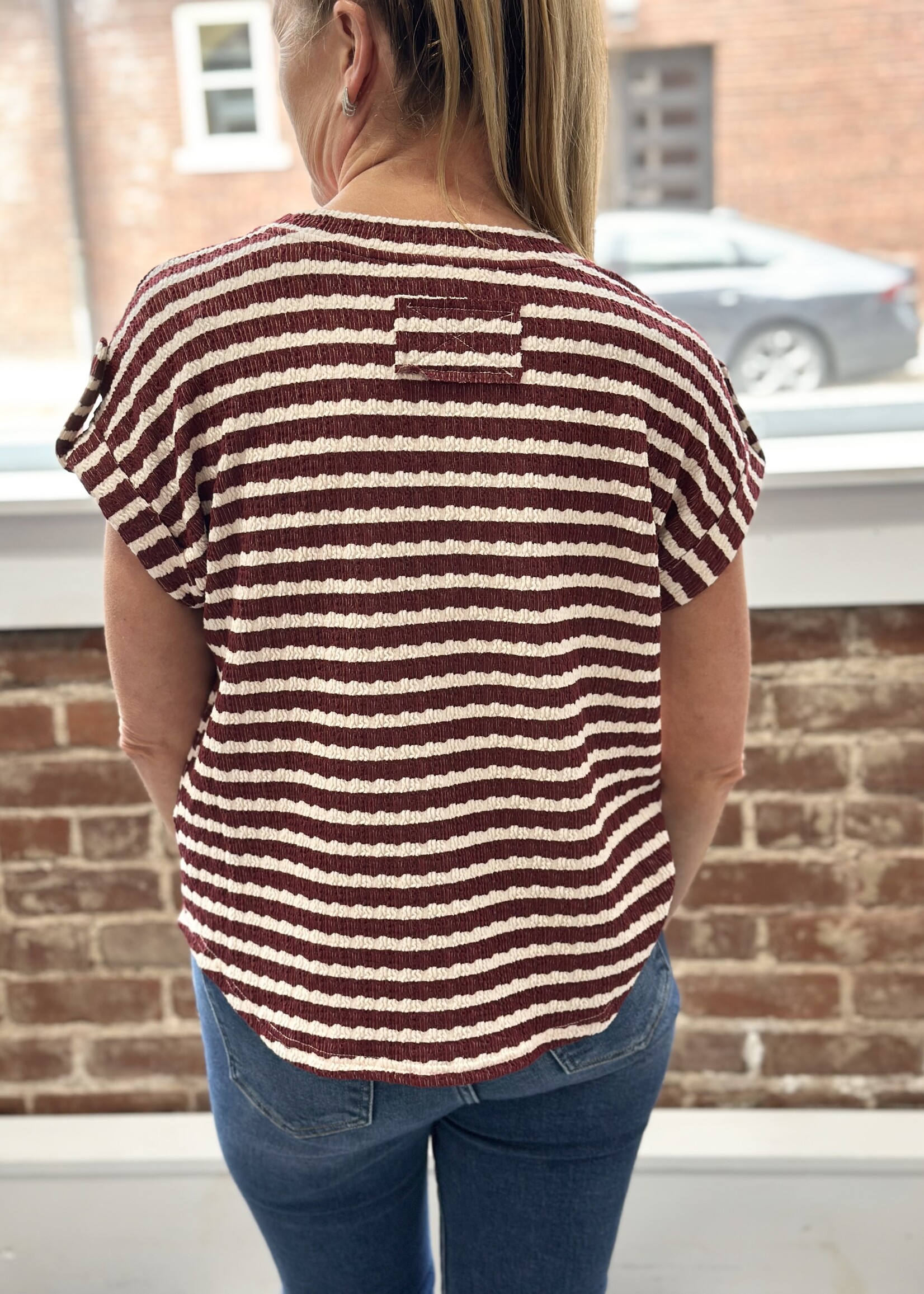 Blu Pepper Burgundy Striped Tab Sleeve Top