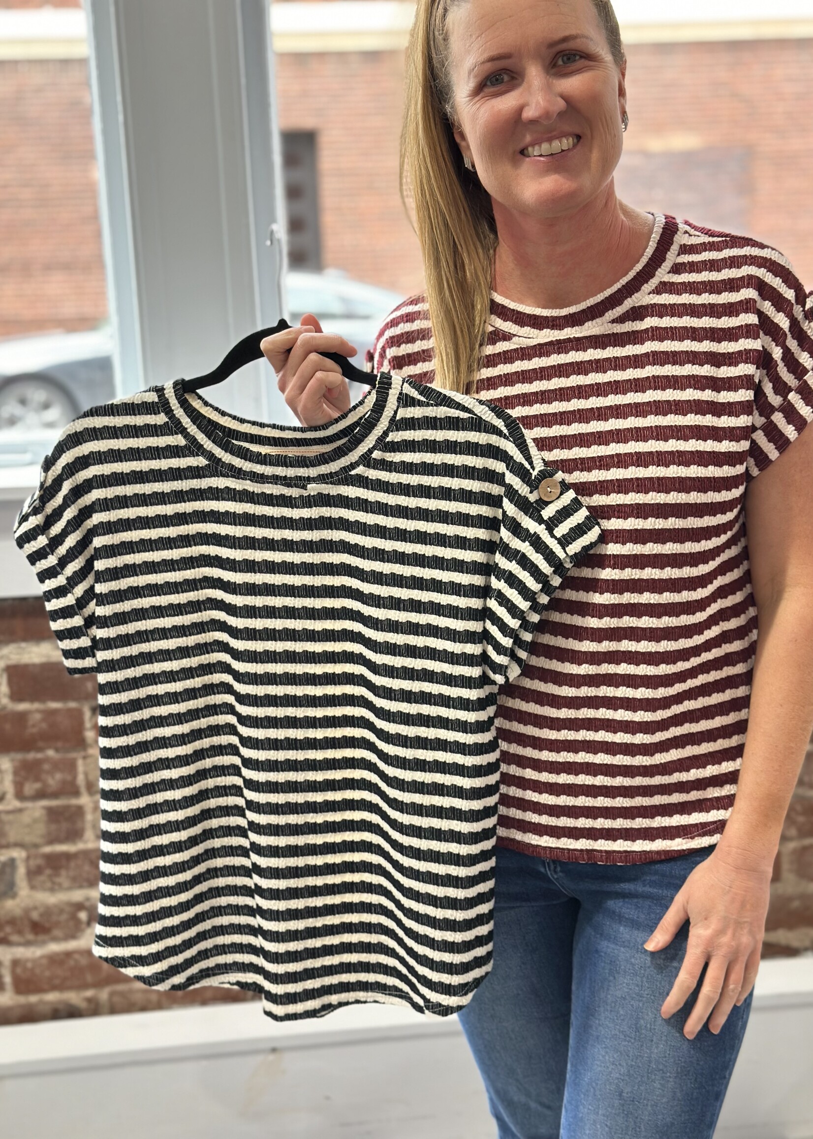 Blu Pepper Black Striped Tab Sleeve Top