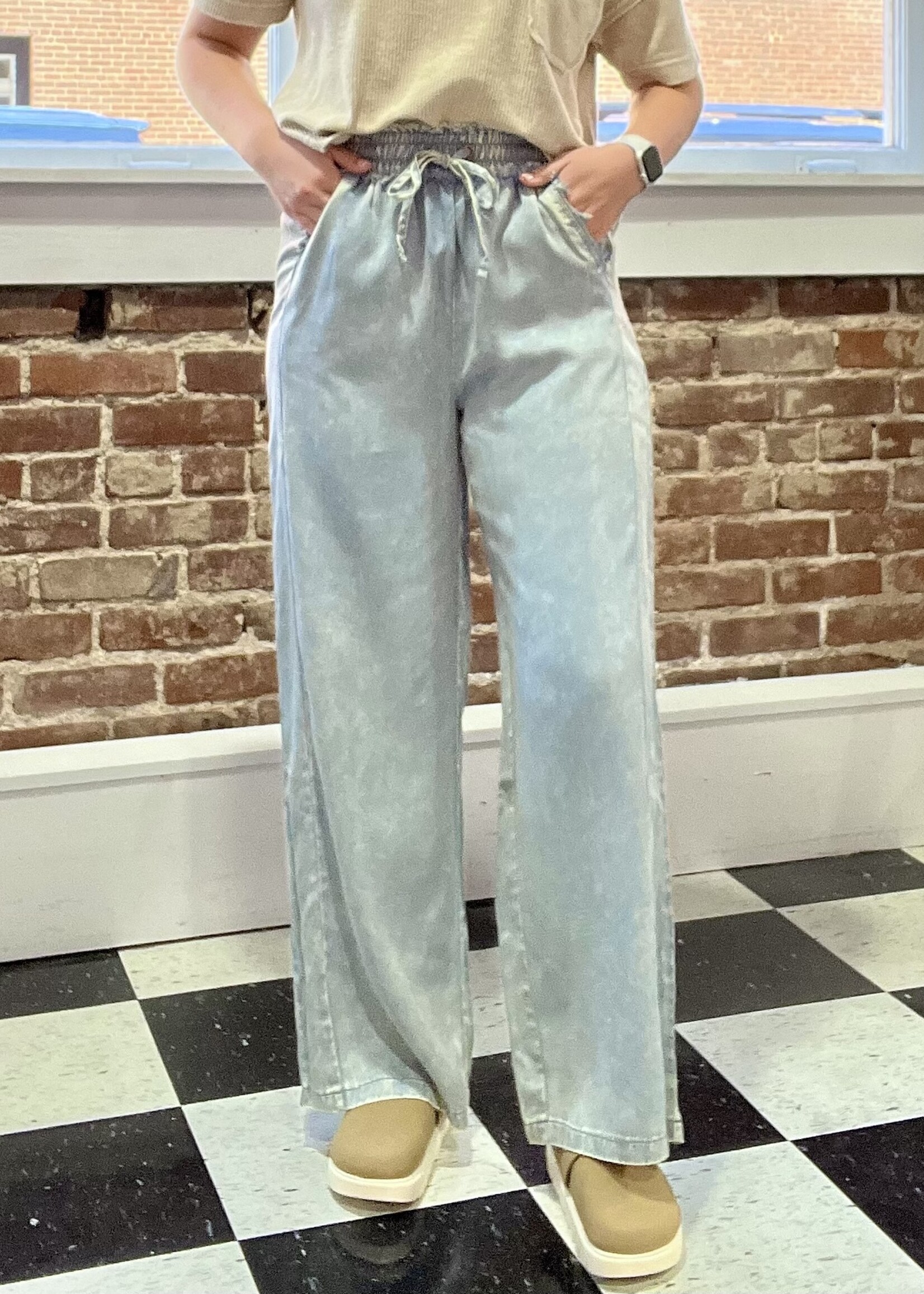 Zenana Washed Blue Tencel Drawstring Pants