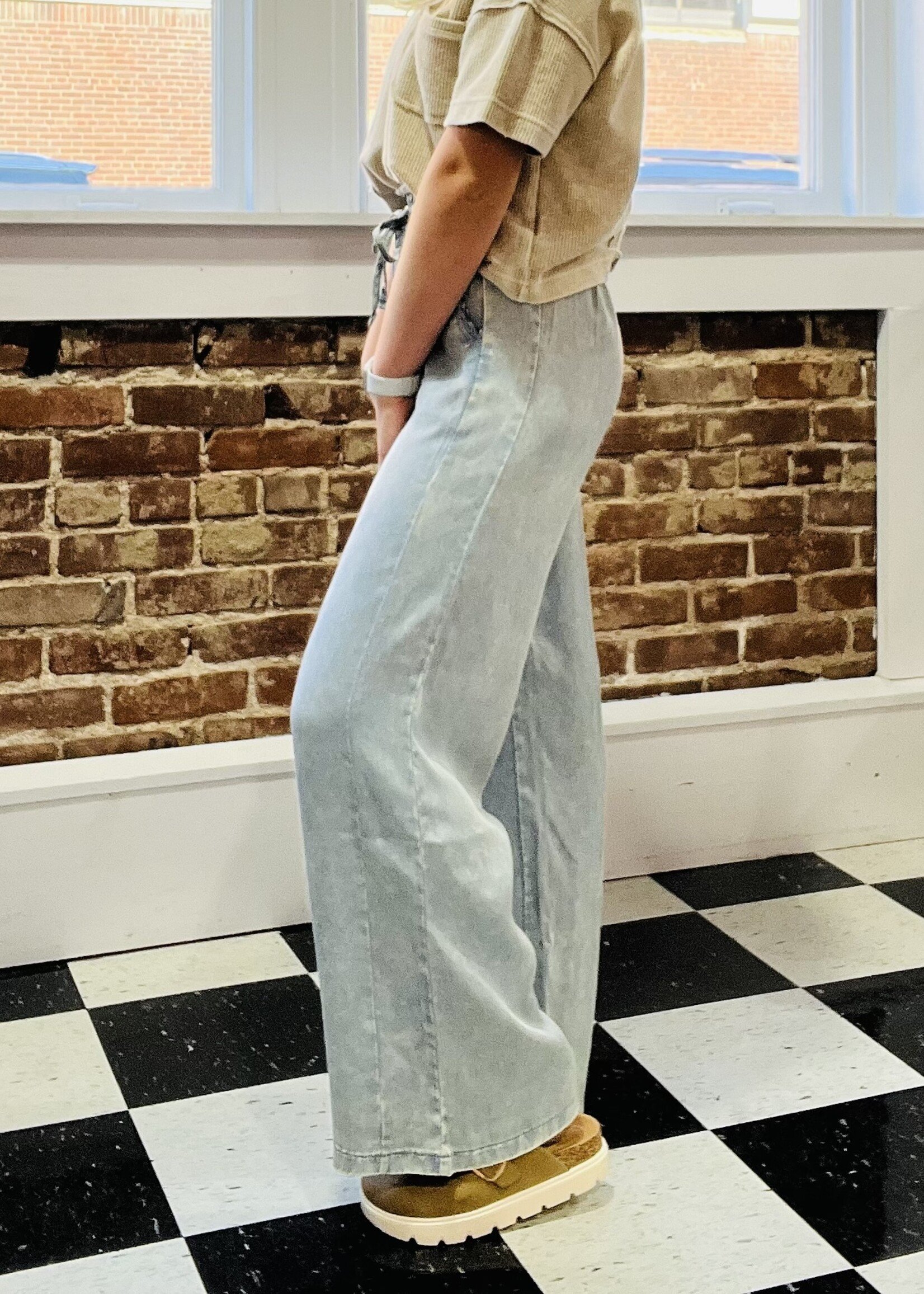 Zenana Washed Blue Tencel Drawstring Pants