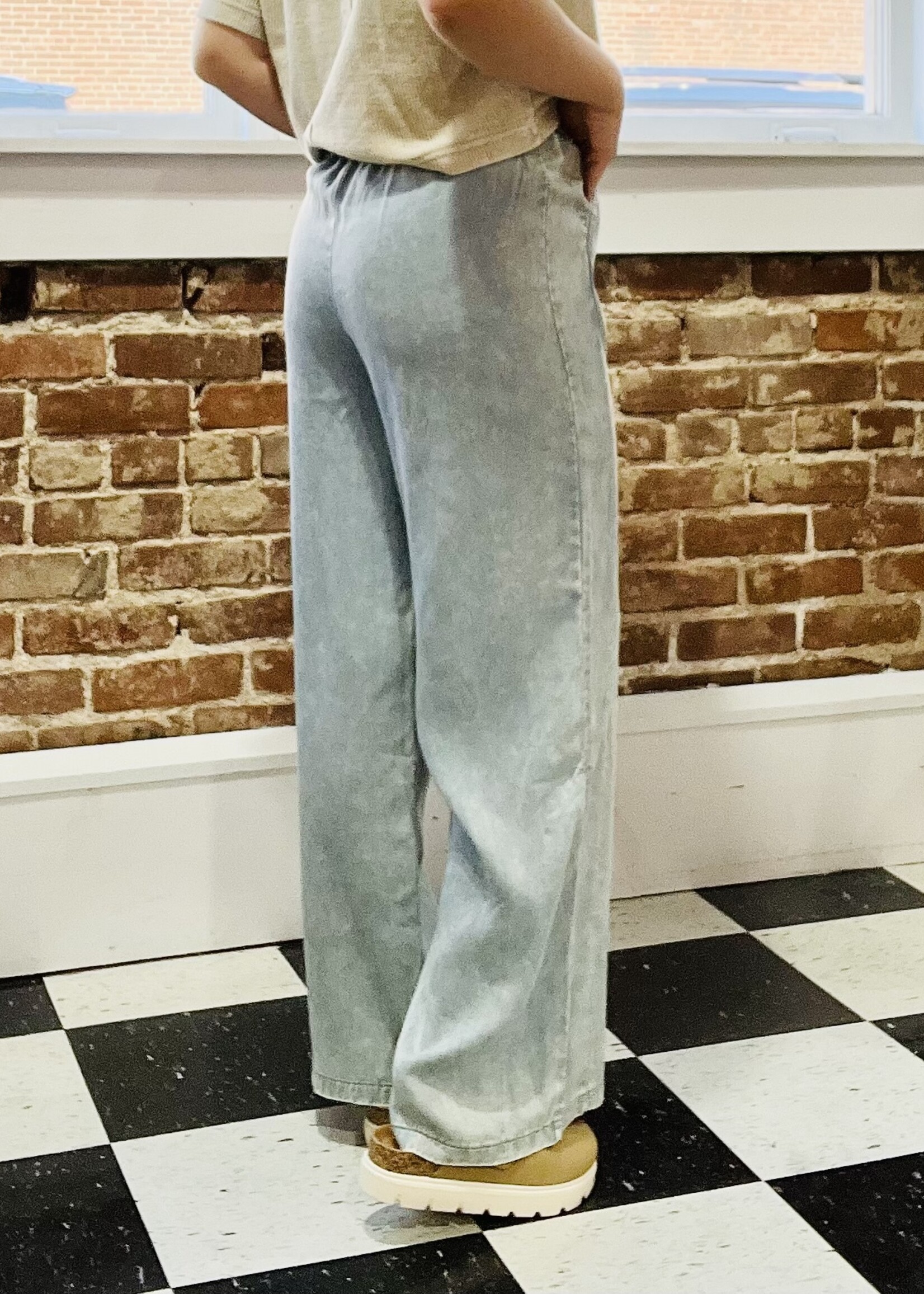 Zenana Washed Blue Tencel Drawstring Pants