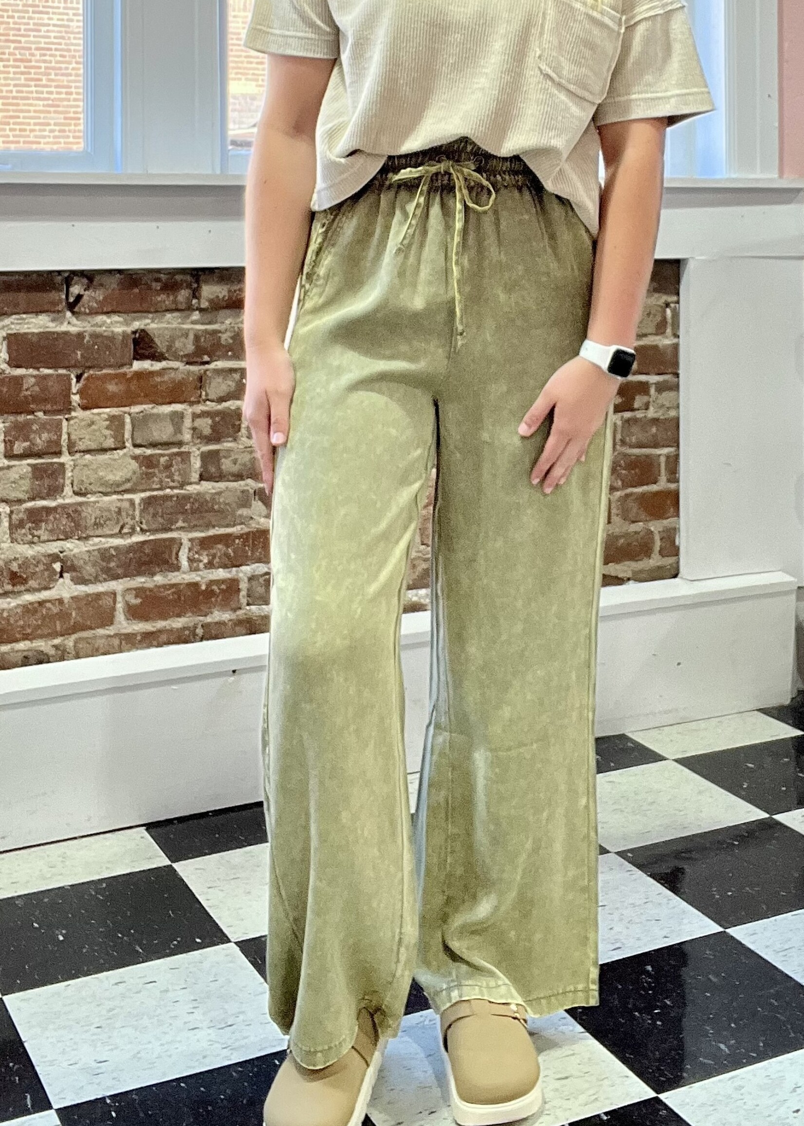 Zenana Washed Olive Tencel Drawstring Pants