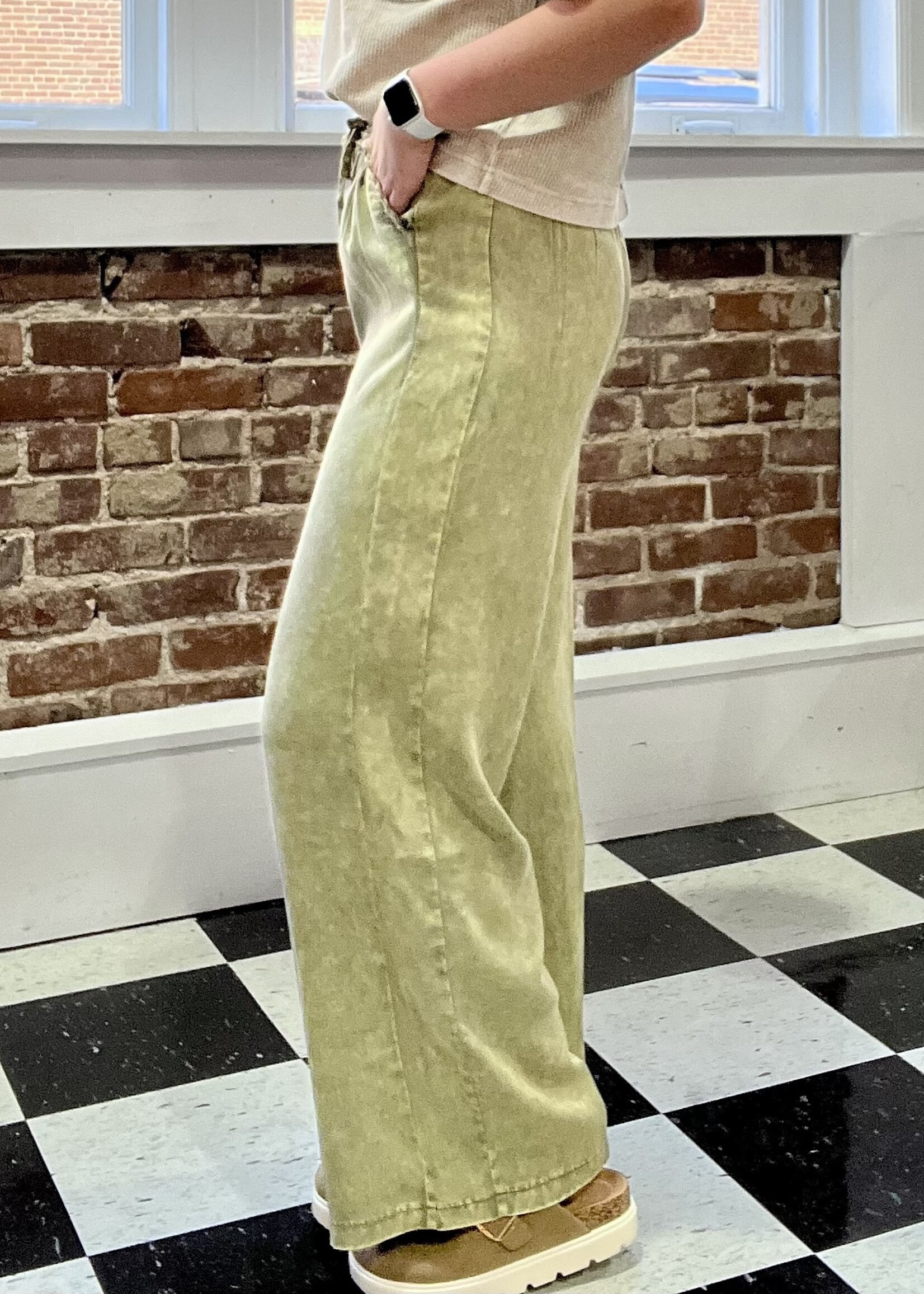 Zenana Washed Olive Tencel Drawstring Pants