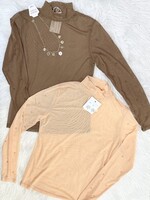 Grace+Emma Brown Mock Neck Sheer Top with Pearl Detail