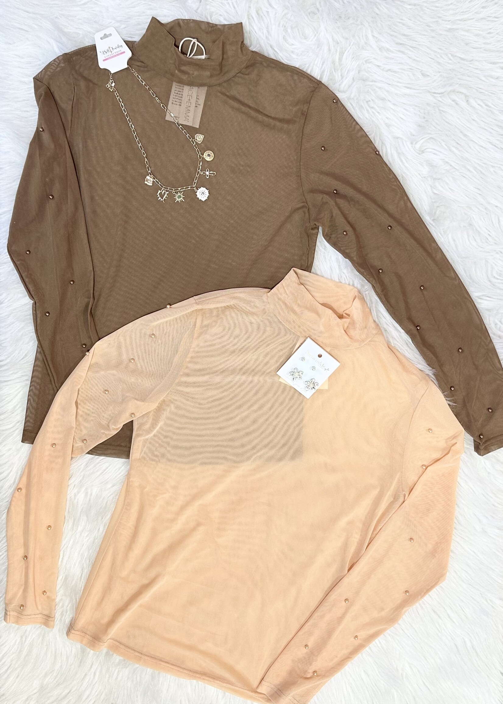 Grace+Emma Brown Mock Neck Sheer Top with Pearl Detail