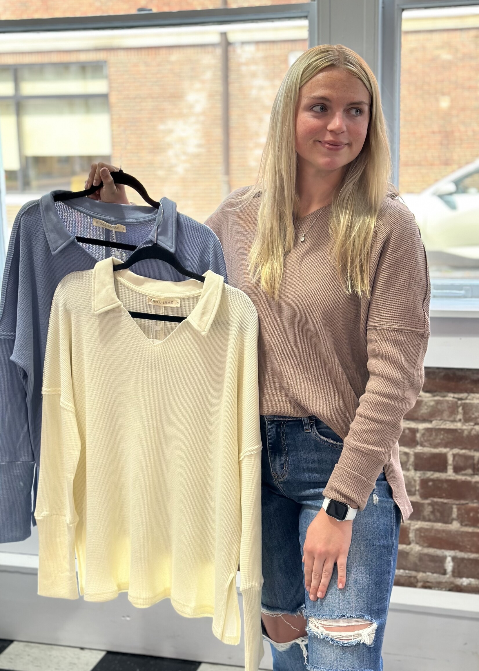 Grace+Emma Waffle Collared Top