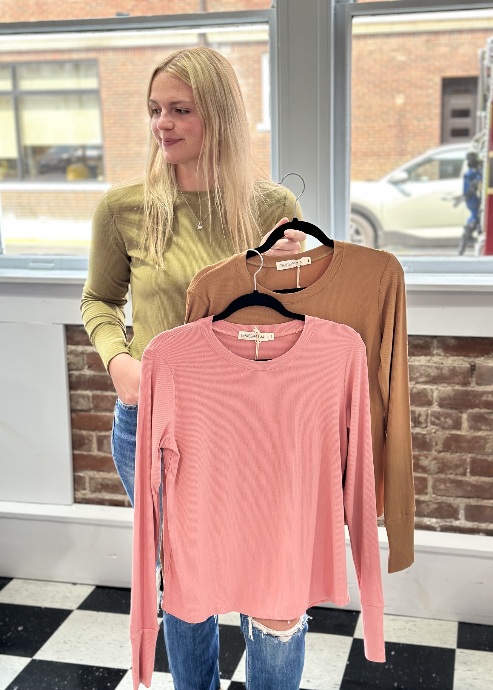 Grace+Emma Mocha Ribbed Long Sleeve Top