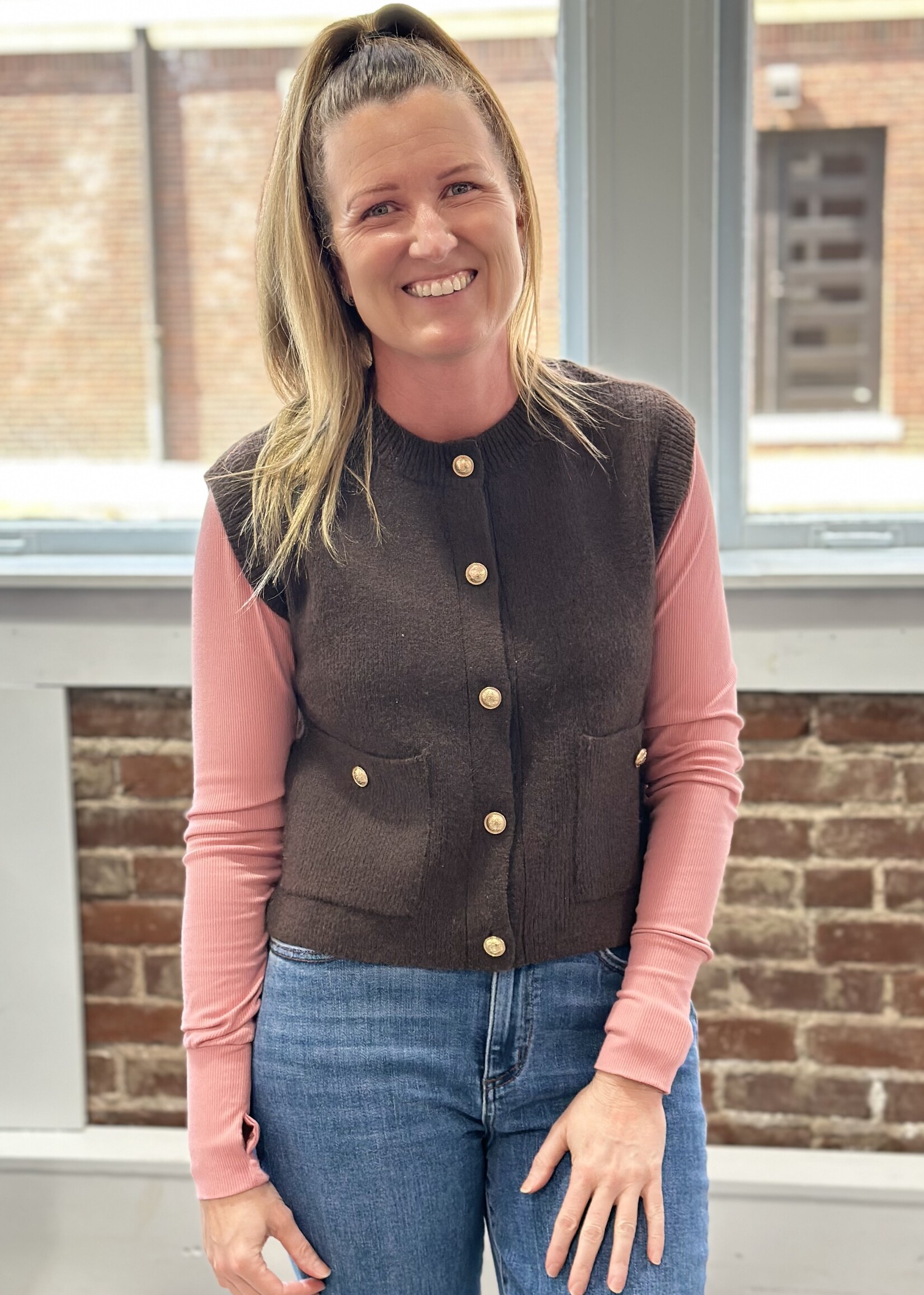 Blu Pepper Brown Sweater Vest with Gold Button Detail