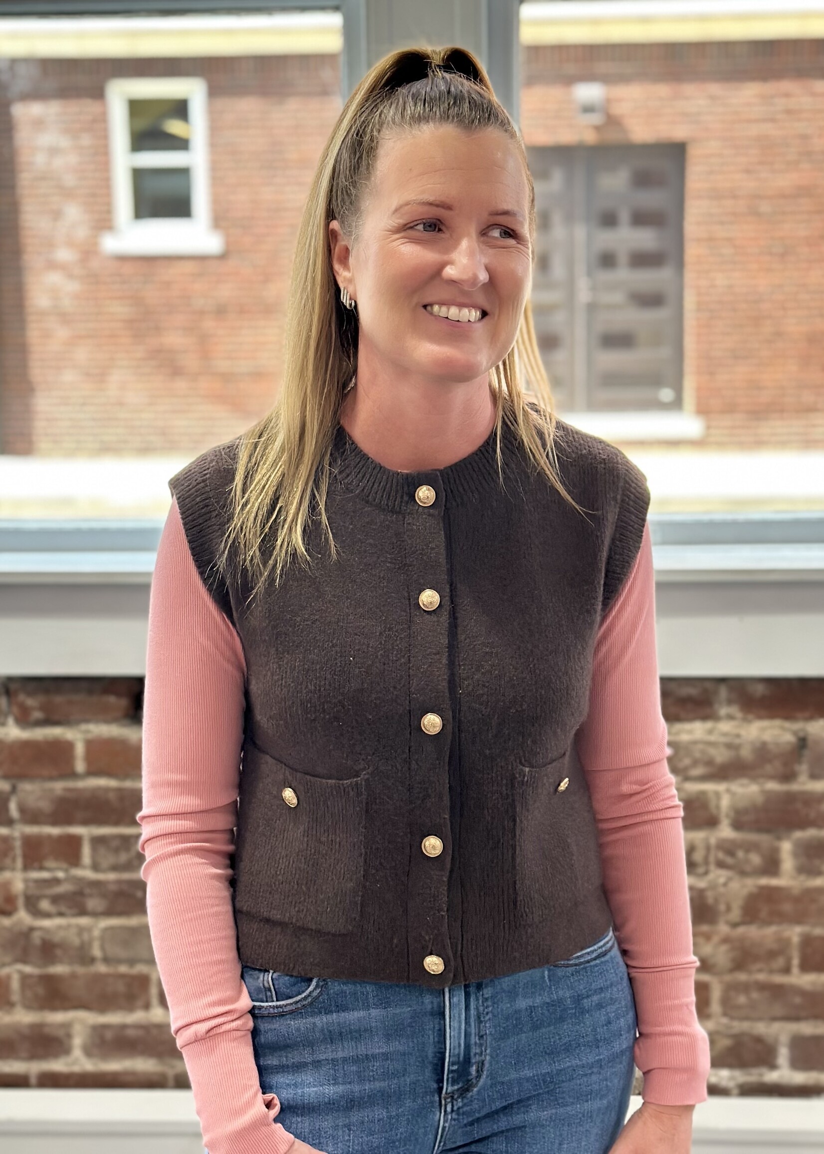 Blu Pepper Brown Sweater Vest with Gold Button Detail