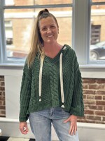 Dark Green Cable Knit Drawstring Hooded Sweater