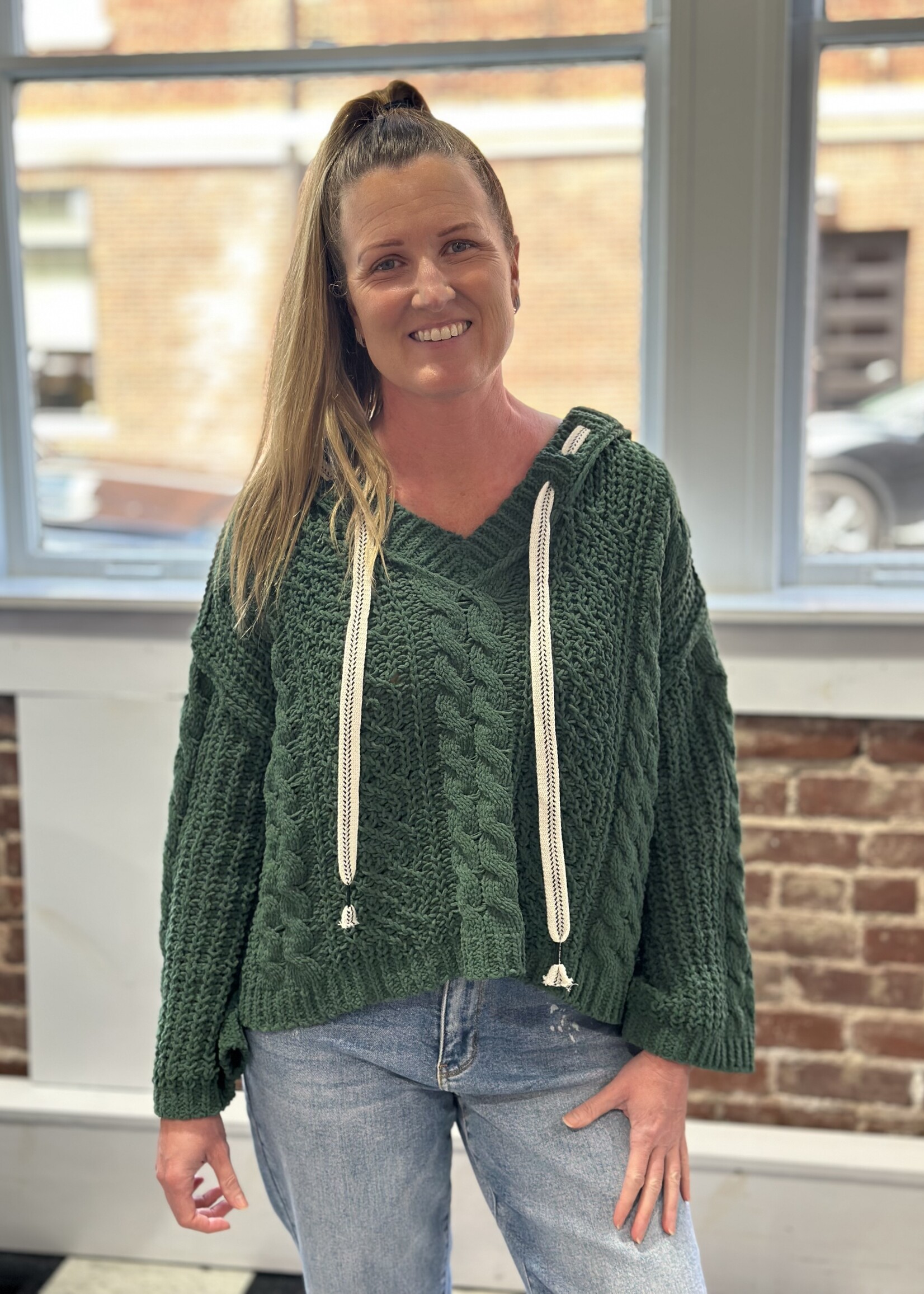 Dark Green Cable Knit Drawstring Hooded Sweater