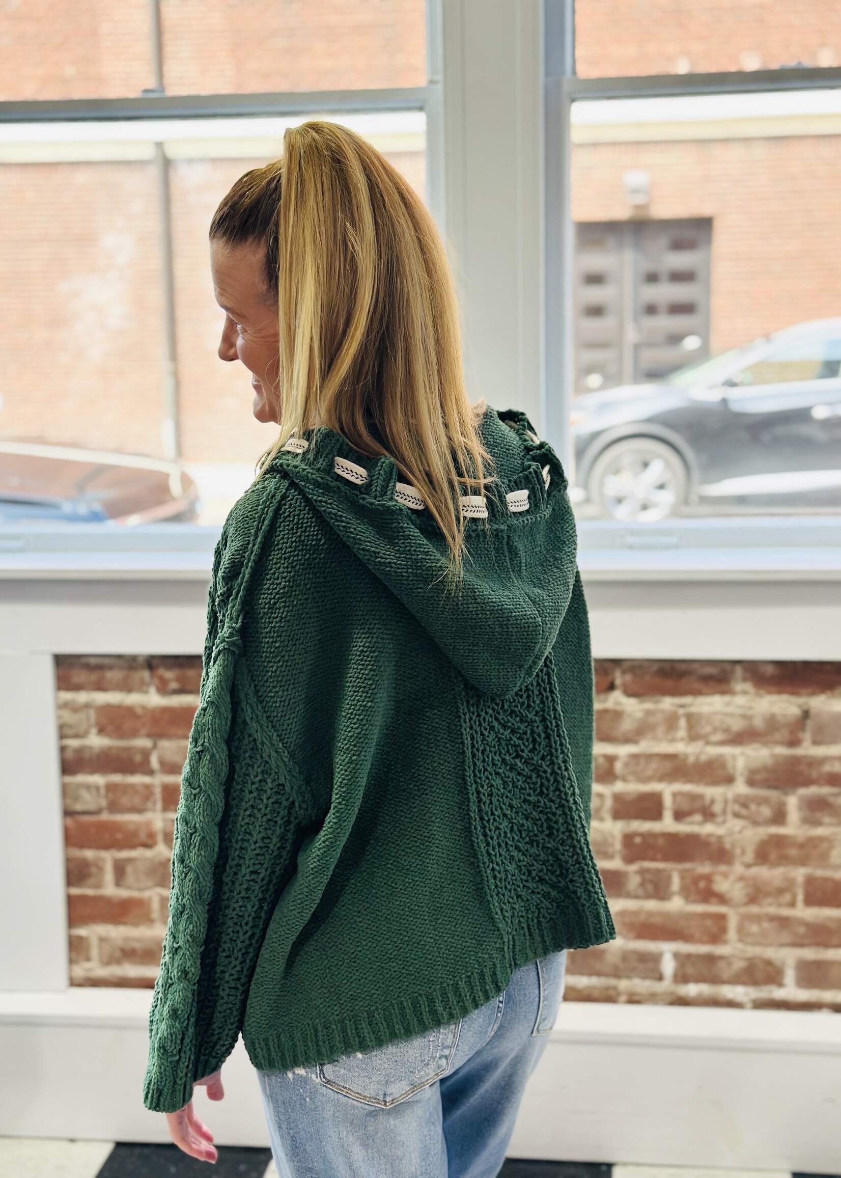 Dark Green Cable Knit Drawstring Hooded Sweater