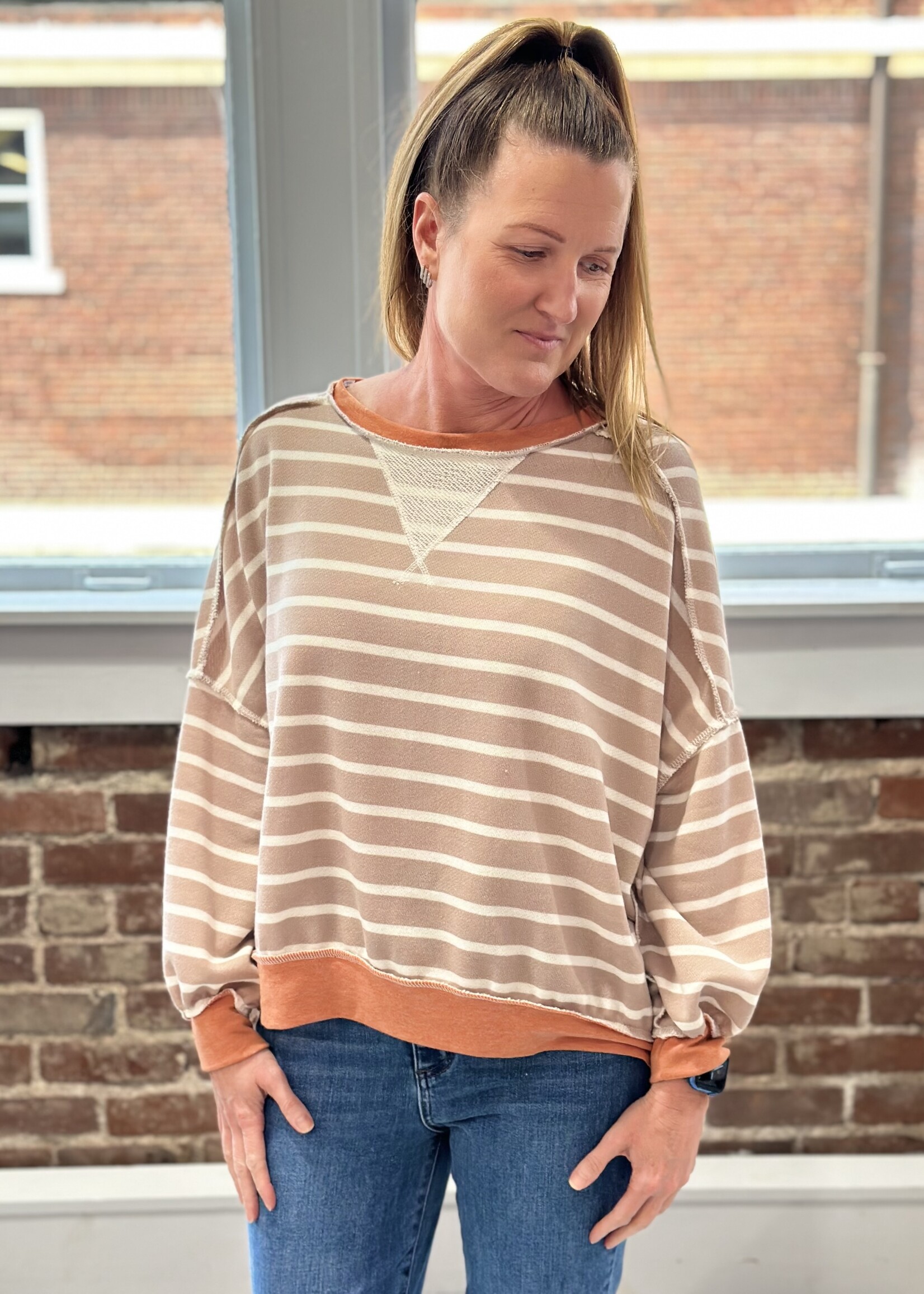 Haptics Taupe/Rust Striped Crewneck