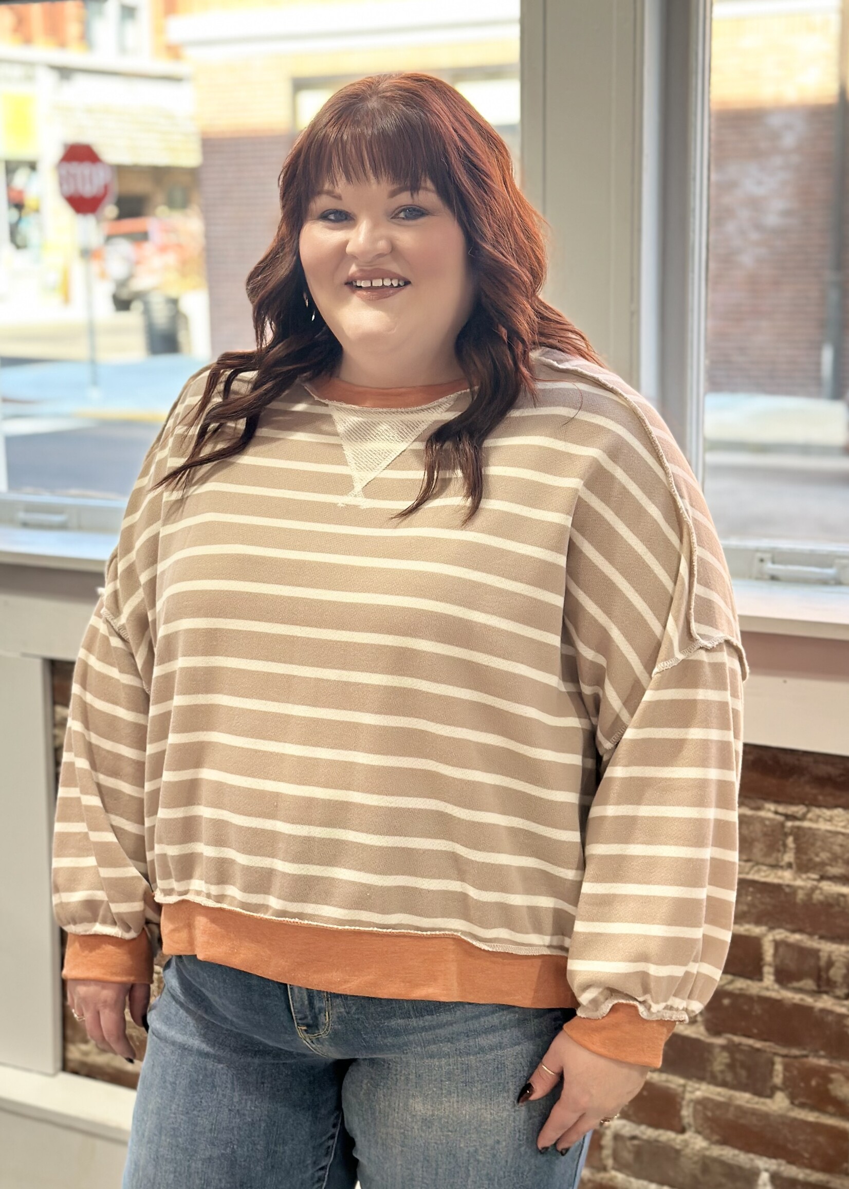 Haptics Taupe/Rust Striped Crewneck