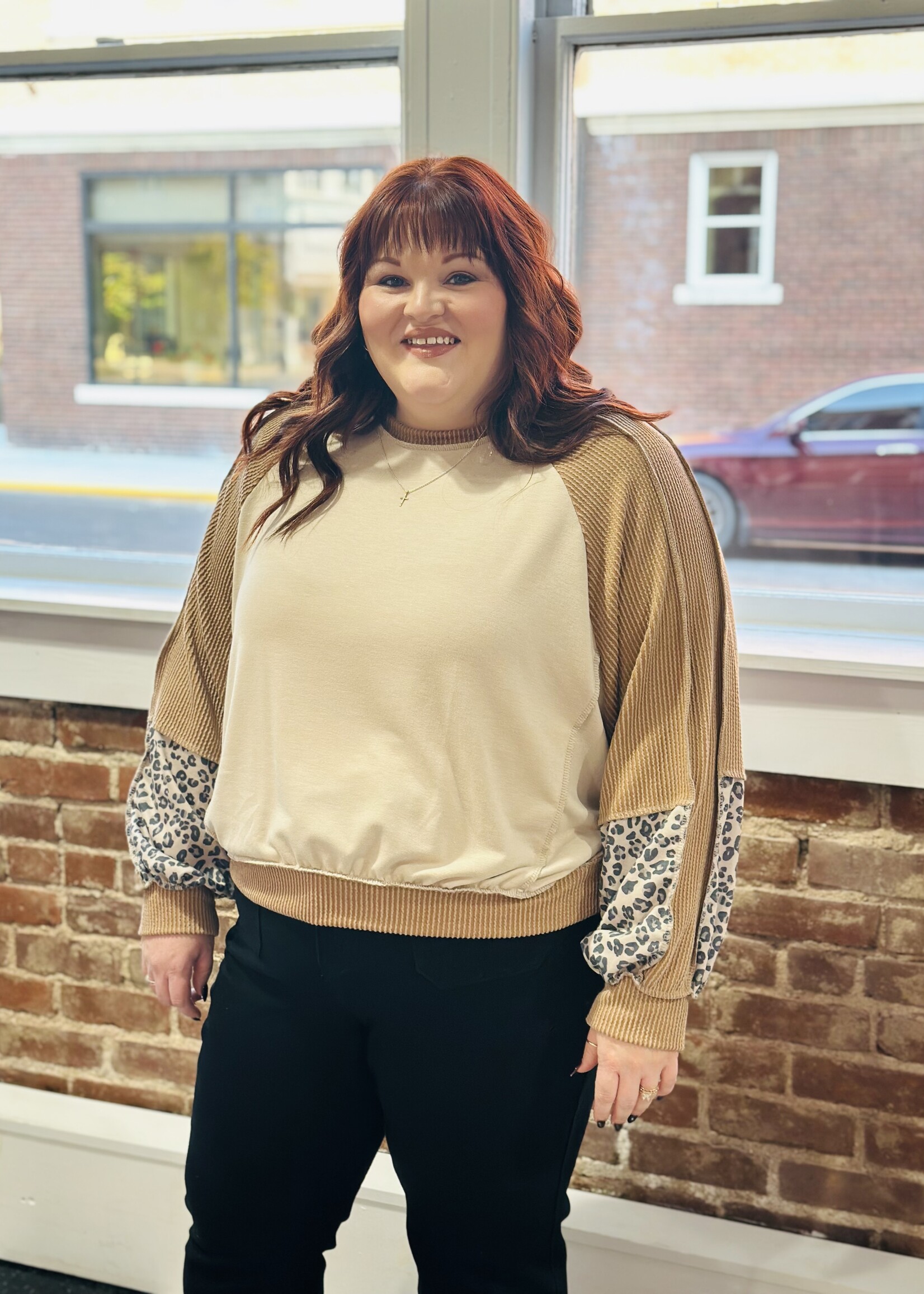 Haptics Mocha Leopard Accent Oversized Top