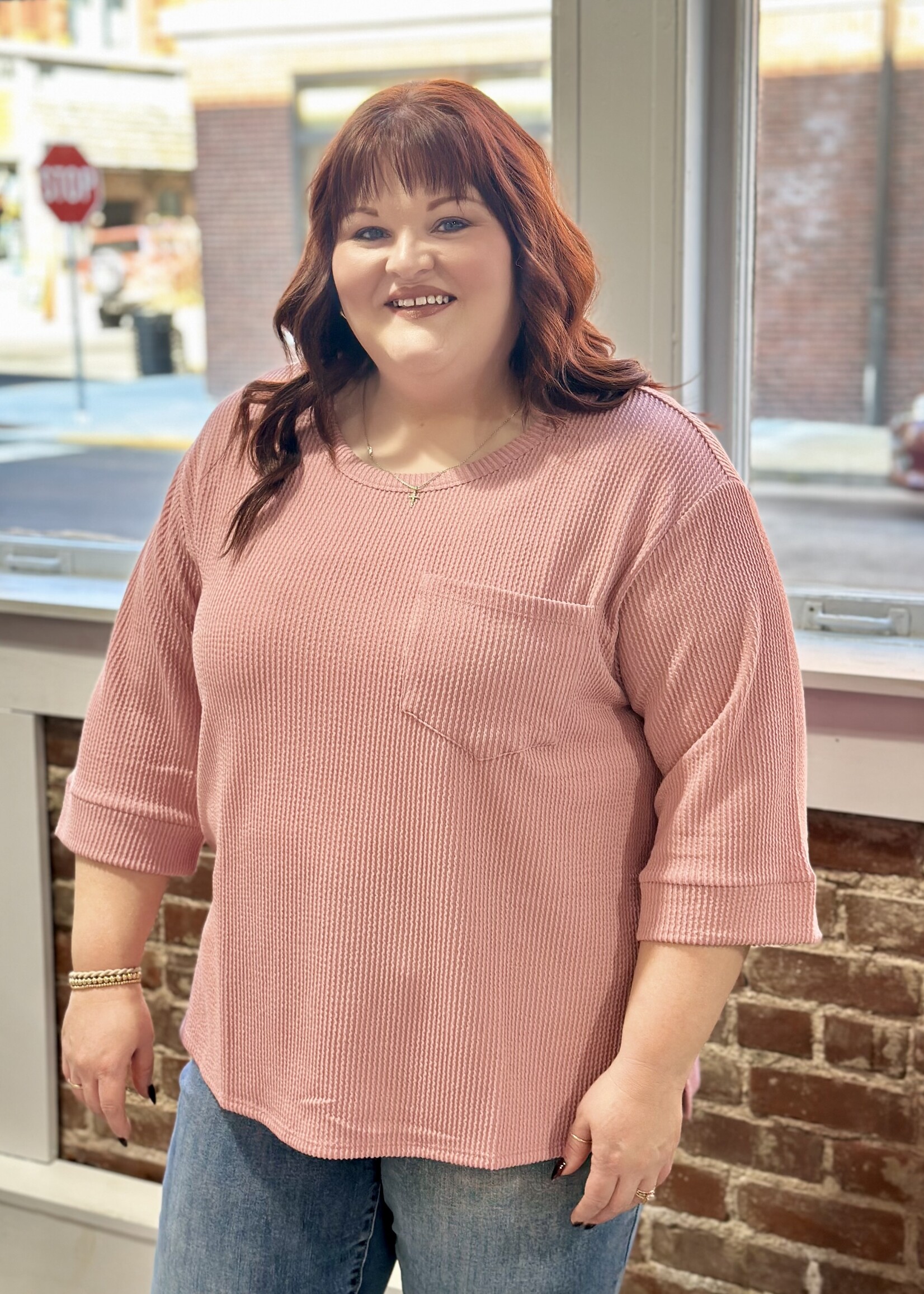 Andre by Unit Dusty Mauve Ribbed 3/4 Sleeve Top